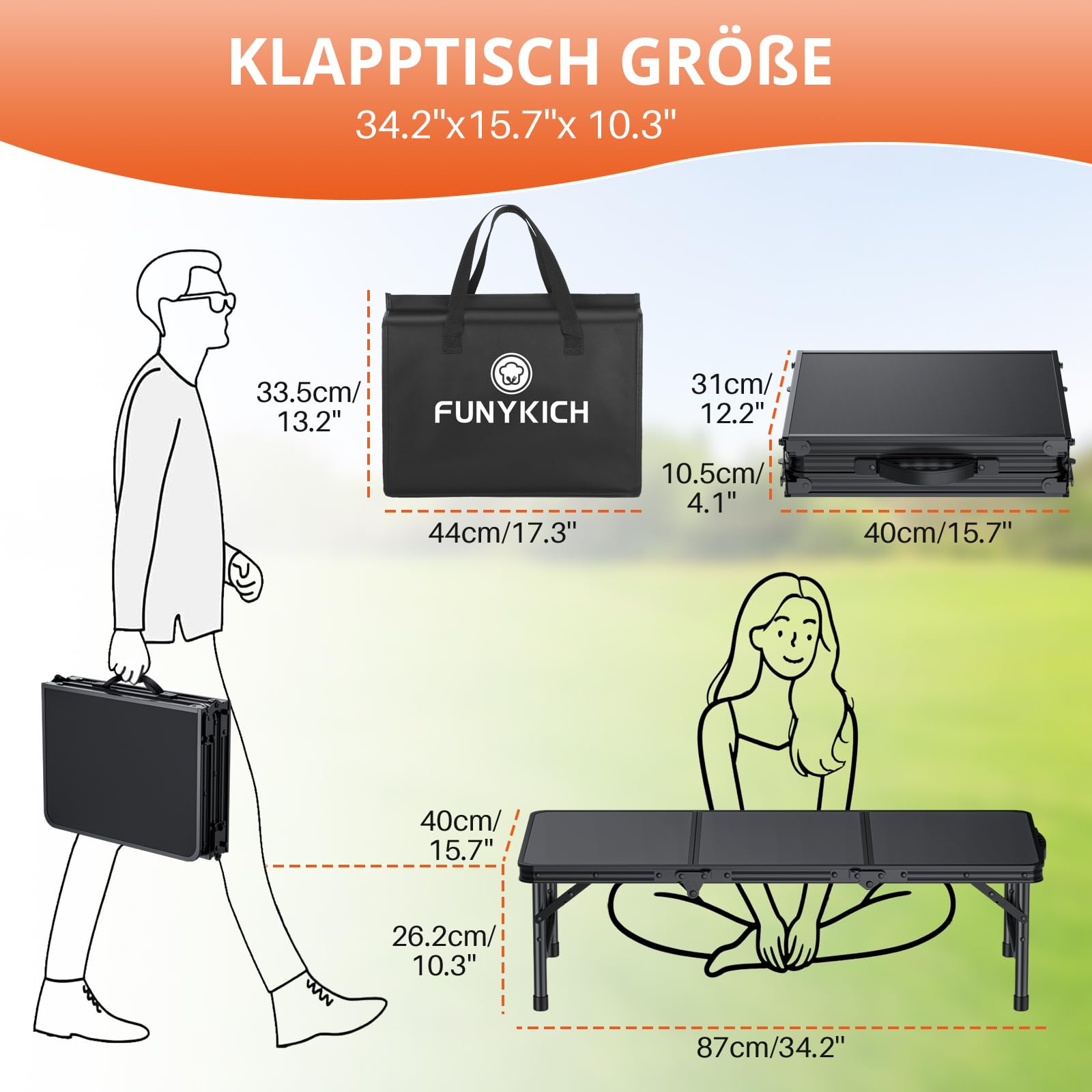 FUNYKICH 3ft Klappbarer Campingtisch 87x40x26cm, Kleiner Faltbarer Klapptisch mit Tragetasche, Aluminium Tragbar Falttisch, MDF Platten Multifunktionstisch für Picknick Camping Strand Balkon, Schwarz