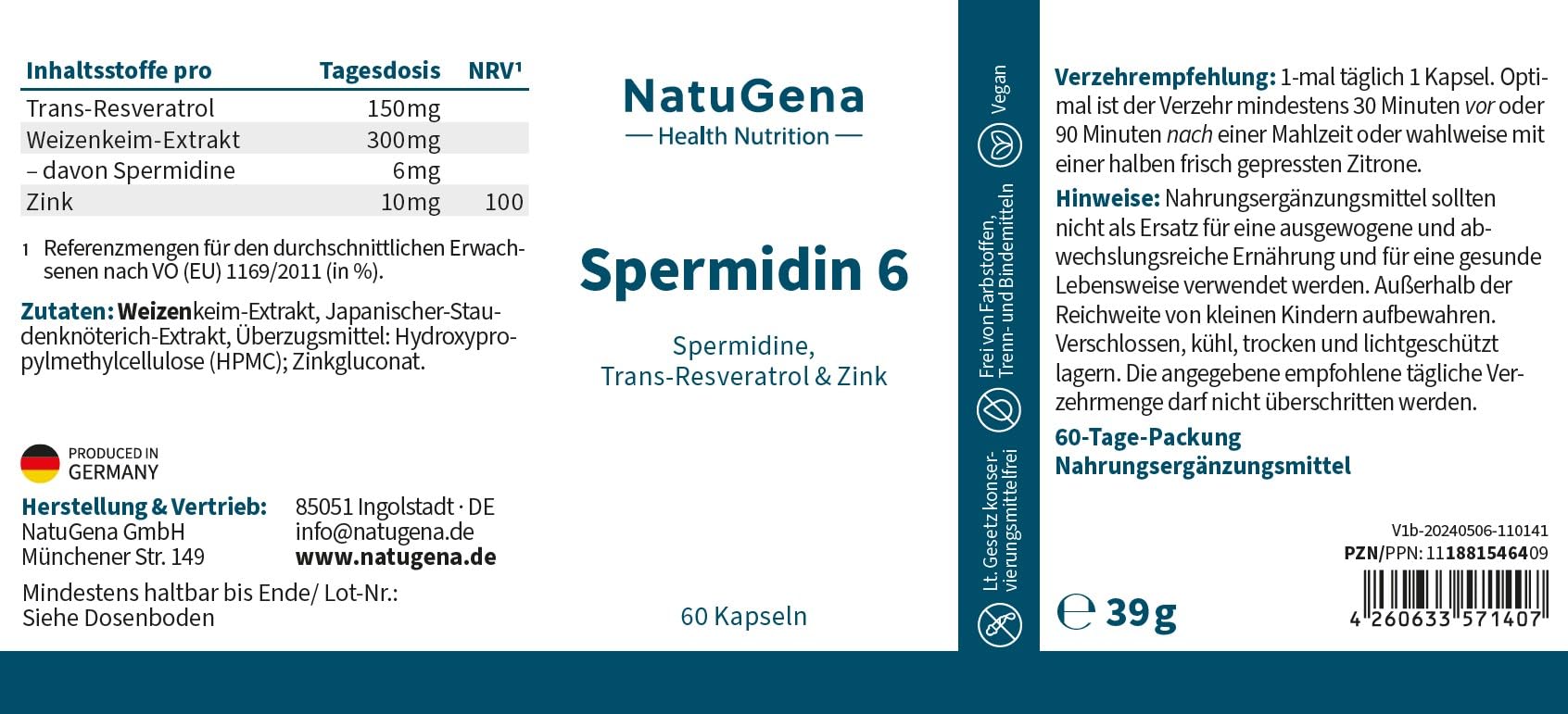 NatuGena Spermidin 6 Spermidin hochdosiert mit 6mg pro Kapsel/Trans-Resveratrol & Zink/Zellaufbau/Zellwachstum / 60 Kapseln HPMC (60-Tage-Packung)