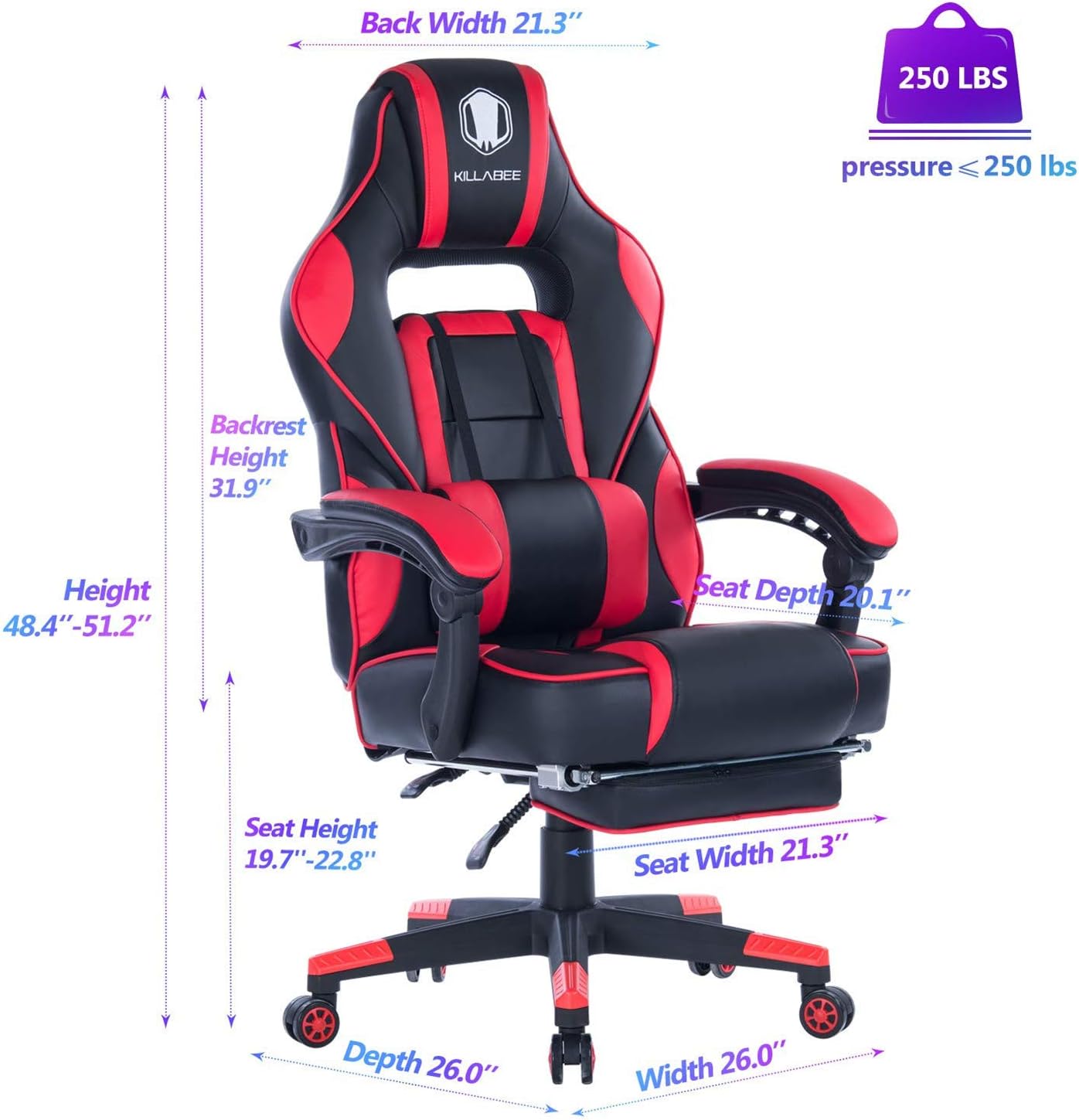 KILLABEE High Back PU Leather PC Racing Computer Desk Office Swivel Recliner with Retractable Footrest and Adjustable Lumbar Support, Red/Black