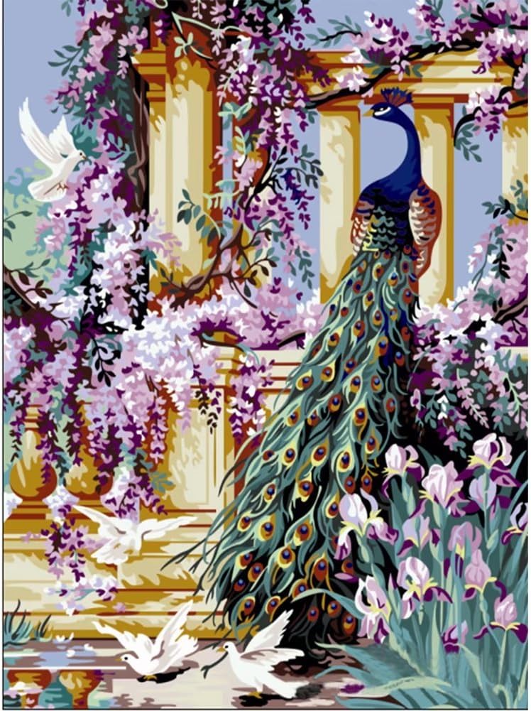 Pictures Diy Paint by Numbers for Adults Beginner Kids Teens Children Seniors Junior Students Animals DIY Oil Painting Simple Paintworks - Peacock and Flower 16 x 20 Inches Frameless