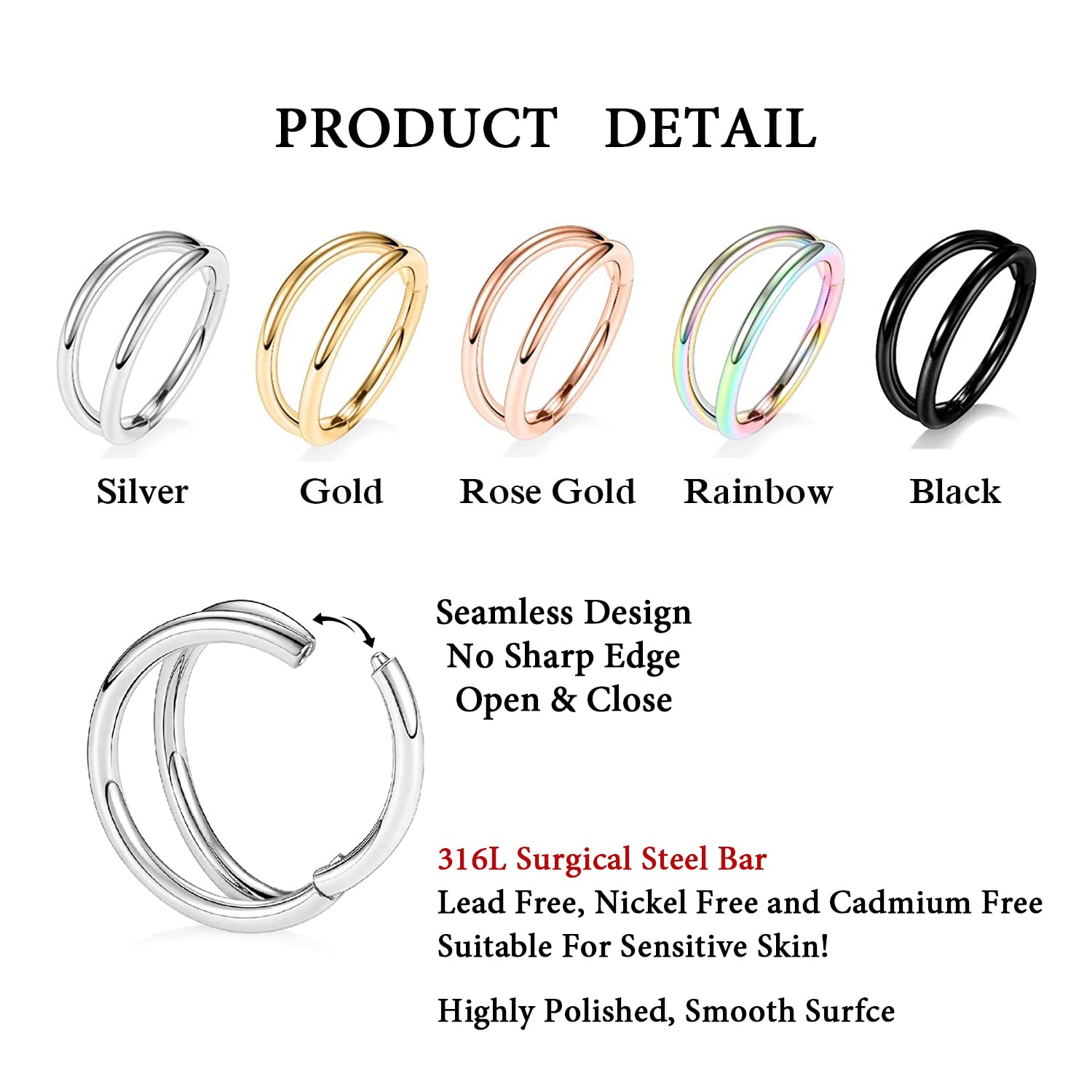AROWRO Double Open Stack Septum Clicker Nose Rings Conch Daith Piercing Jewelry Cartilage Earring Hoop Surgical Steel Conch Daith Helix Rook Lobe Earring 18G 16G — view 3