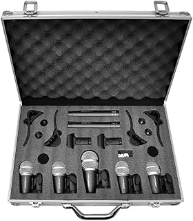 Pyle 7-Piece Wired Dynamic Kit-Kick Bass, Tom/Snare & Cymbals Microphone Set-for Drums, Vocal, & Other Instrument-Complete with Thread Clip, Inserts, Mics Holder & Case, Black