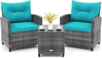 KOTEK 3 Piece Patio Furniture Set, Outdoor PE Rattan Conversation Set with Washable Cushions & Tempered Glass Tabletop, Wicker Chairs and Table Set for Porch, Balcony (Grey)