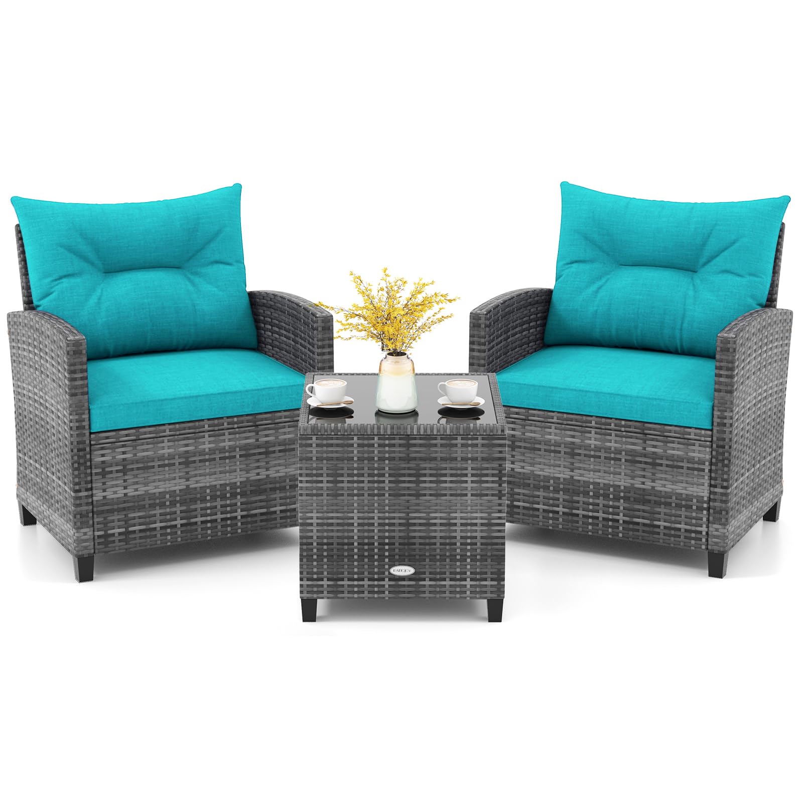 KOTEK 3 Piece Patio Furniture Set, Outdoor PE Rattan Conversation Set with Washable Cushions & Tempered Glass Tabletop, Wicker Chairs and Table Set
