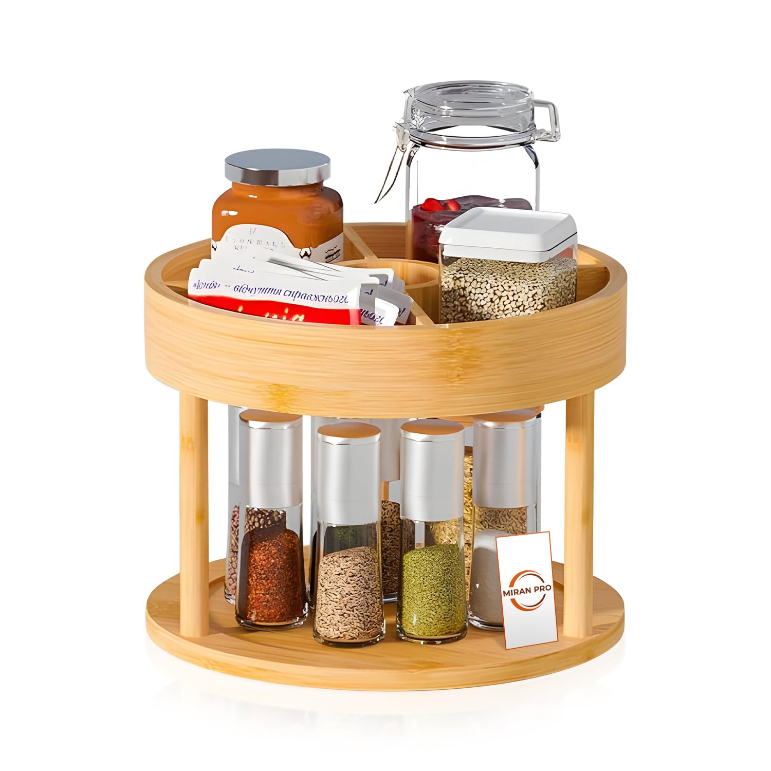 MIRAN PRO 2 Tier Lazy Susan Divided Organizer Turntable, 10 Inch 360 Degree Spinning Bamboo Spice Rack, for Condiments Kitchen, Storage, Pantry, 6 Compartments w/ 4 DIY Partition Board (9.8X7.8X1.6in)