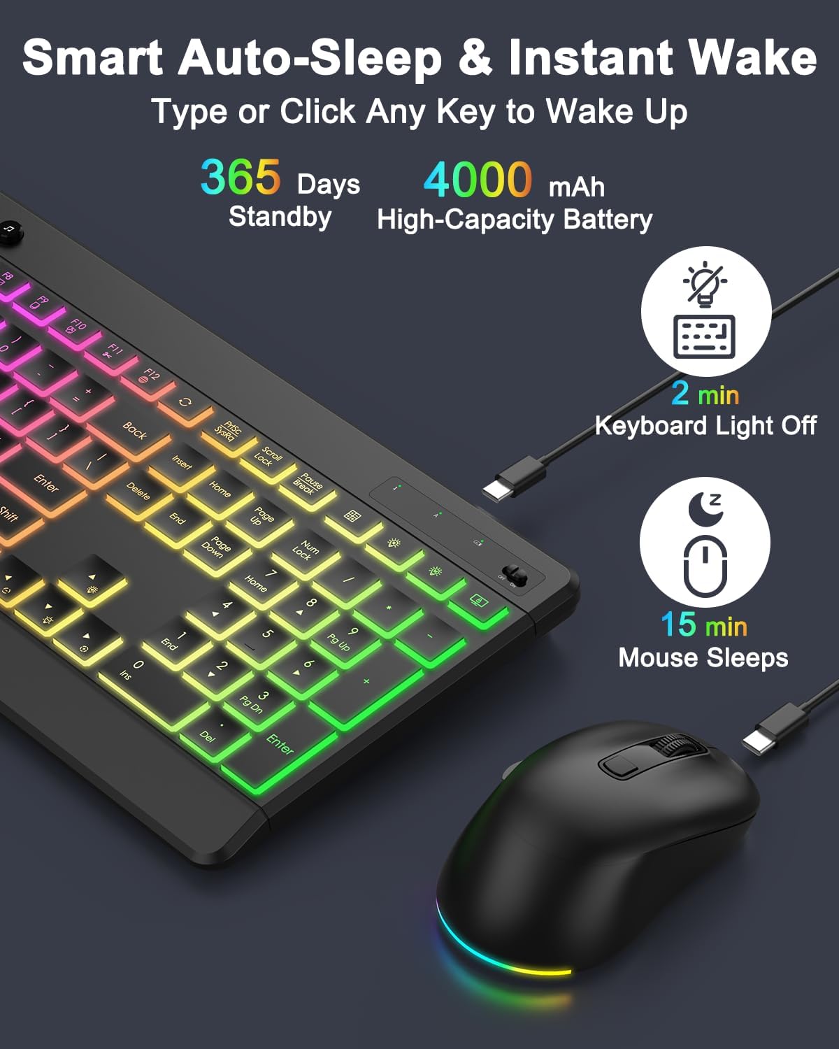 EDJO Wireless Keyboard and Mouse Combo, 10 Backlit Effects, Rechargeable 2.4GHz Silent Full-Size Light Up USB Keyboard with 6 Button RGB Mouse for Laptop, Computer, PC