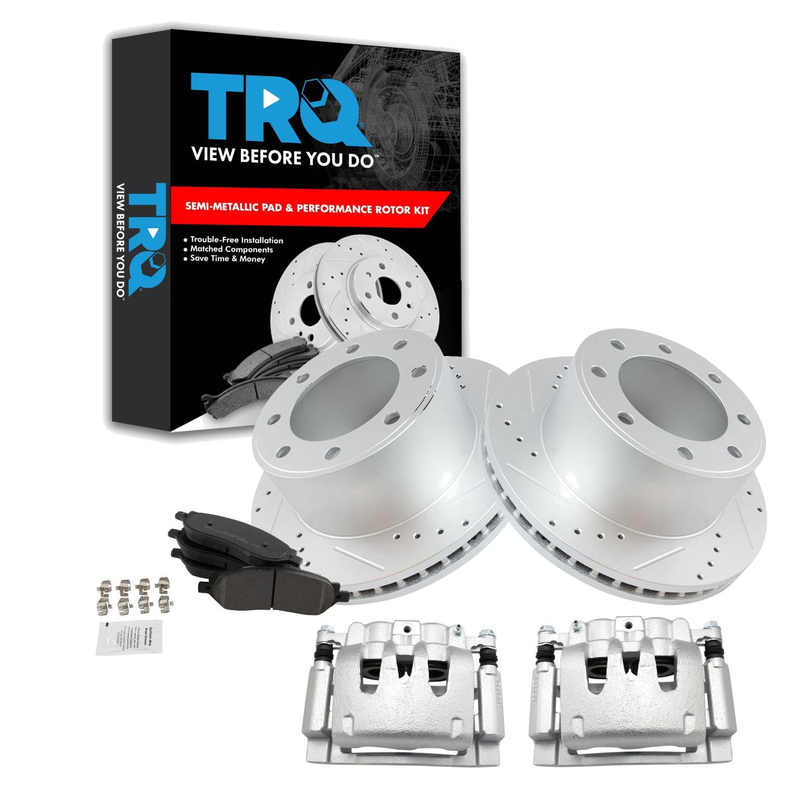TRQ Rear Performance Brake Pad, Caliper, &amp; Rotor Kit Semi-Metallic Vented Premium G-Coated Compatible with 2006-2007 Ford F-250 Super Duty F-350 Super Duty