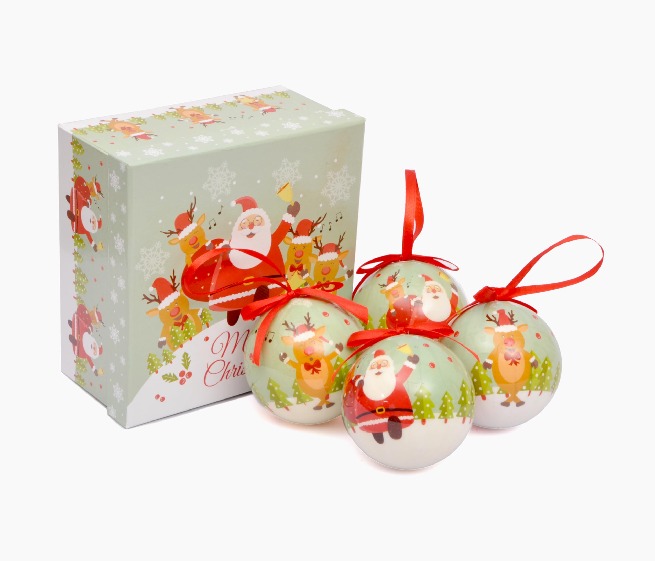 Ciao Zestaw 4 bombek choinkowych Santa & Reindeers (Ø 7,5 cm) z tasiemką tekstylną na choinkę w pudełku upominkowym