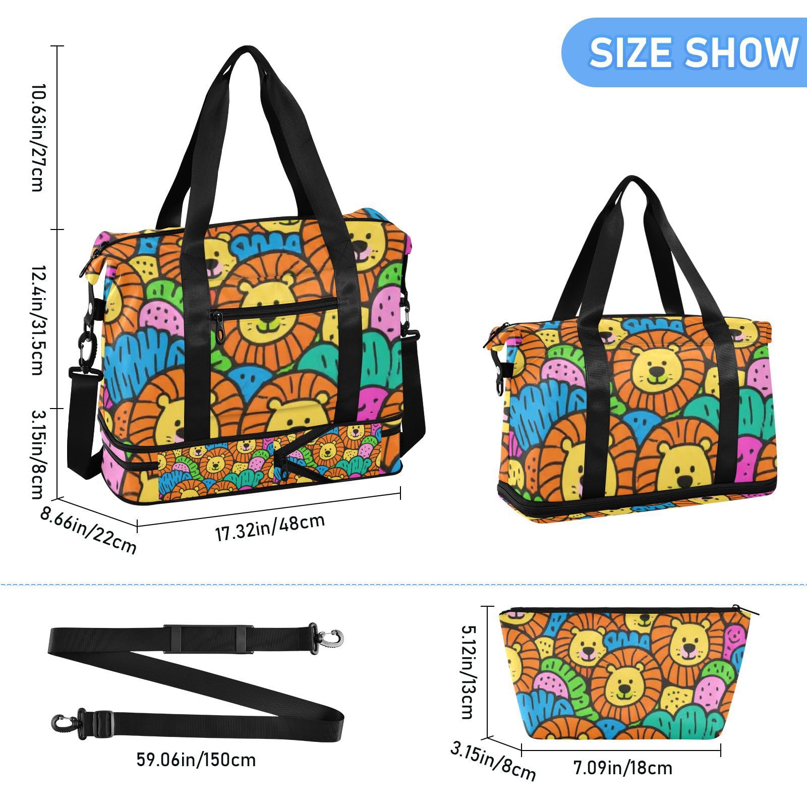 Lion Doodle kolorowa torba weekendowa z nocowaniem z kieszenią na mokro regulowany pasek torba na siłownię do treningu wielofunkcyjna dla mężczyzn kobiet