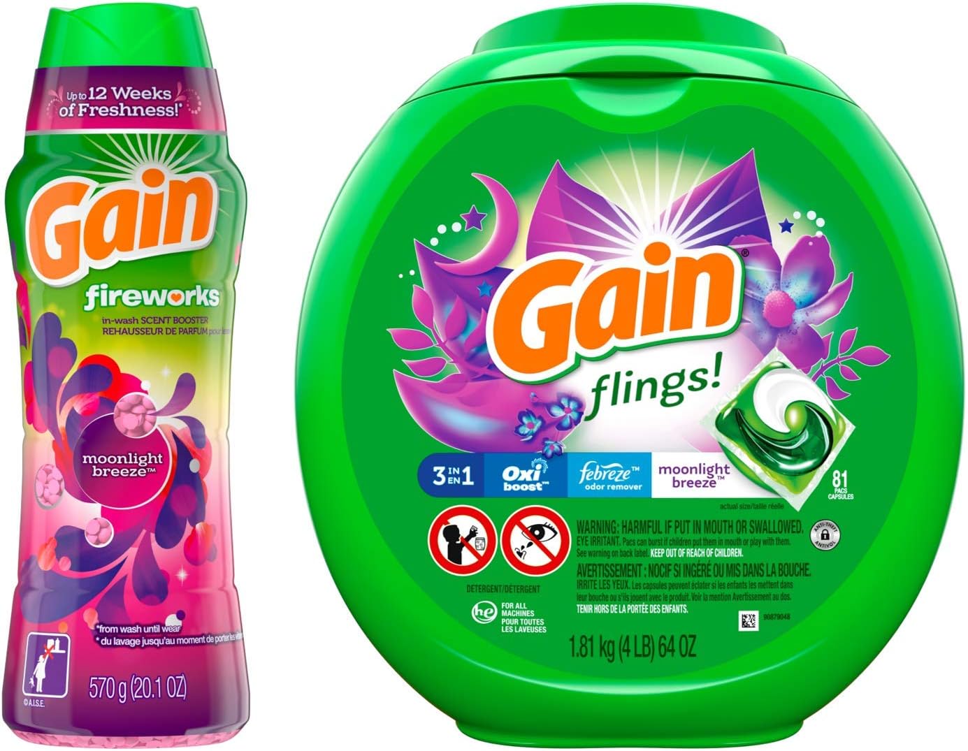 Gain flings! Laundry Detergent Pacs Plus Aroma Boost, Moonlight Breeze Scent, HE Compatible, 81 Count (Packaging May Vary) W/Fireworks in-Wash Scent Booster Beads, Moonlight Breeze, 20.1 Ounce