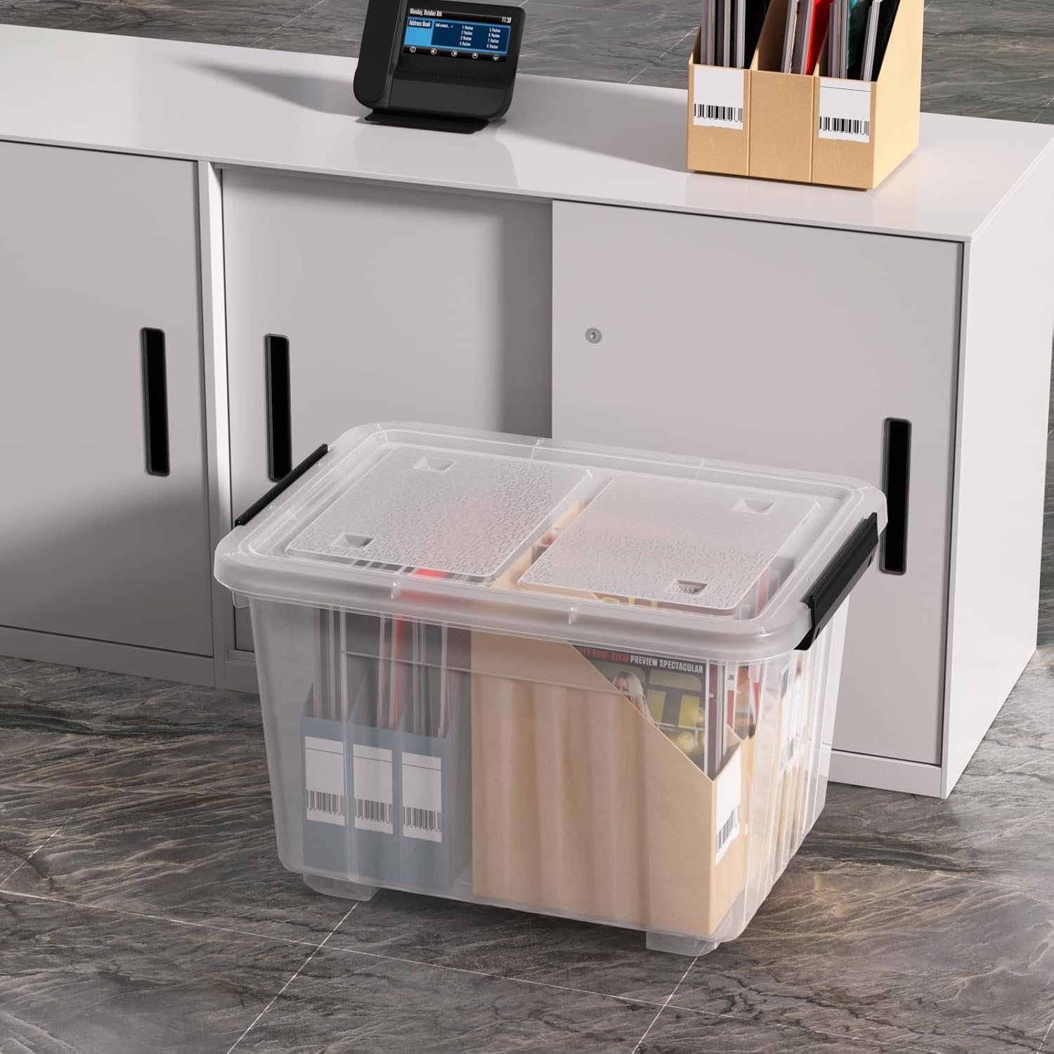 Sadstory 30 Quart Clear Latching Tote Bin with Lid, Plastic Storage Box with Wheels, 4 Packs