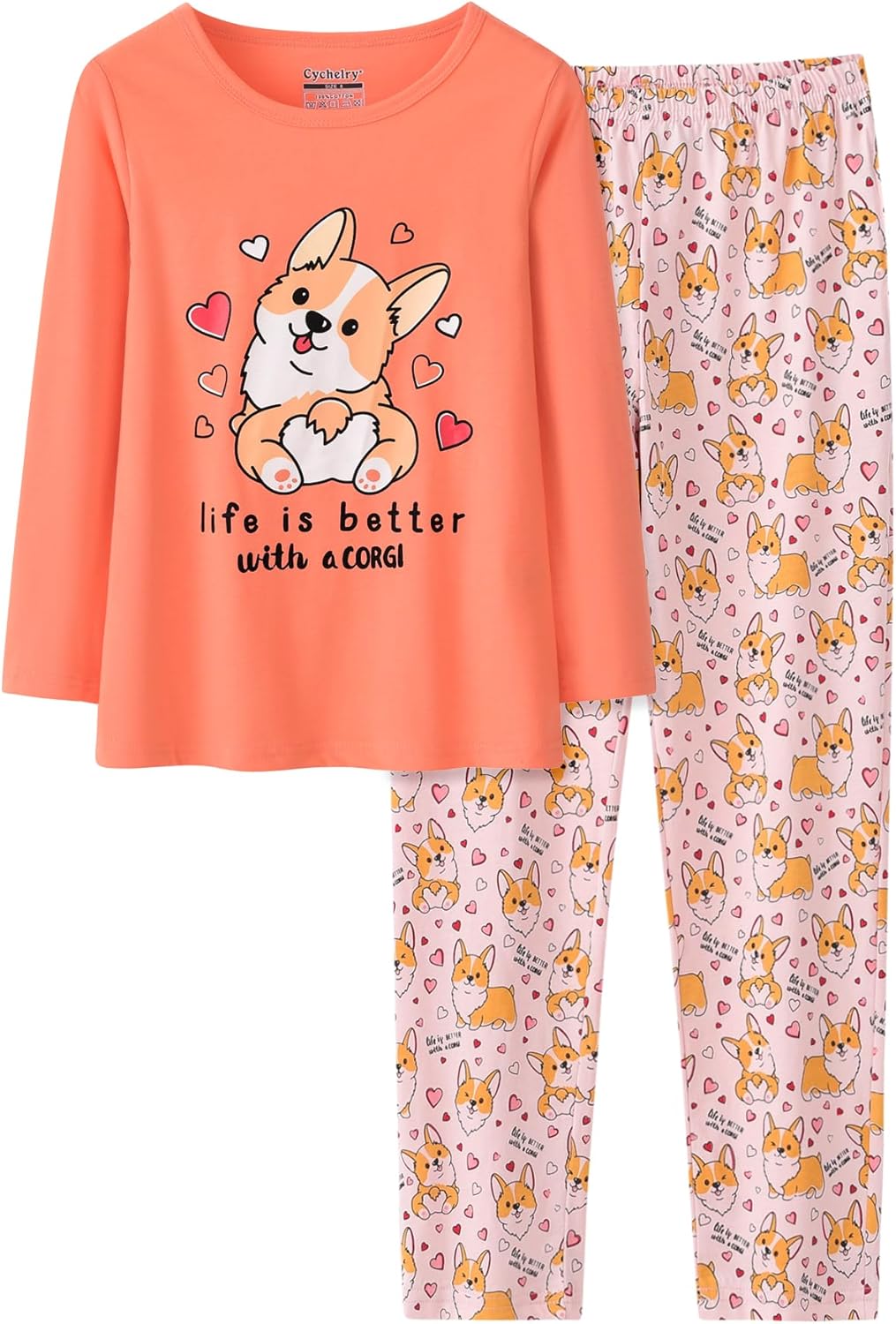 CYCHELRY Cute Cat Pajamas for Girls Size 12-18 Big Kids Long Sleeve and Pant Teens PJS Clothes Sleepwear 2PCS Set