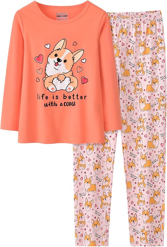 Conjunto de pijama infantil CYCHELRY com estampa de cachorro, blusa de manga longa e calça, 2 peças