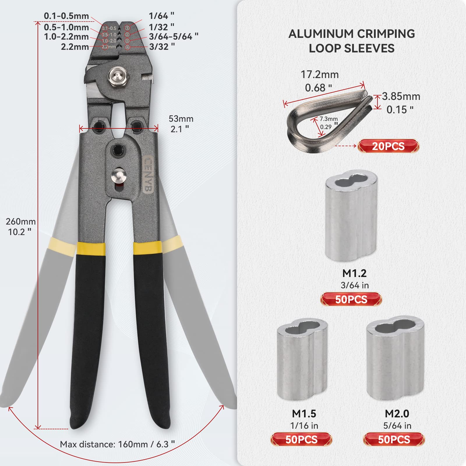 Pinza crimpatrice per cavi metallici rivestita in teflon, con 150 manicotti di crimpatura in alluminio in 3 misure (M1.2/M1.5/M2.0), 20 occhielli e 3 tipi di cavi da 10 metri ciascuno