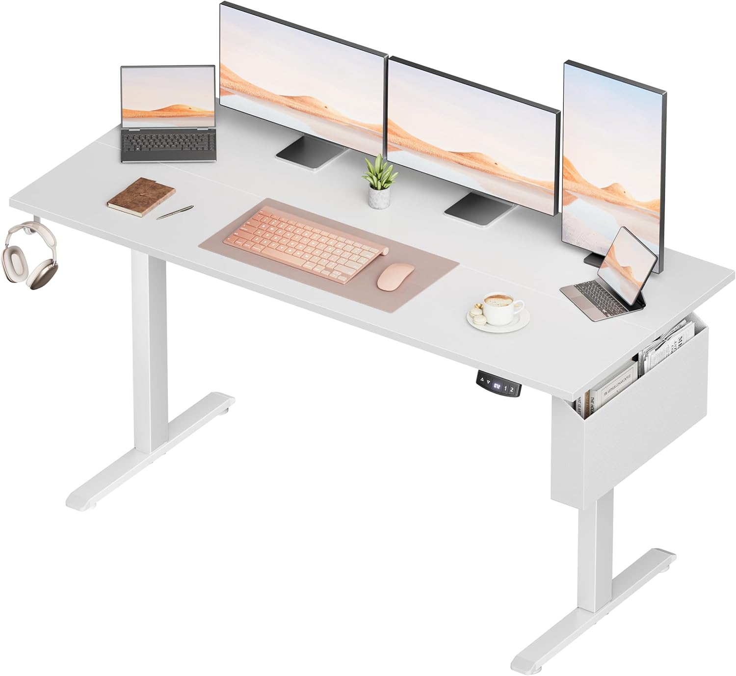 Electric Standing Desk, Sit to Stand Up Computer Desk with Storage Bag, Height Adjustable, Memory Presets for Home Office Gaming Workstations, 63 inch Study Table, White