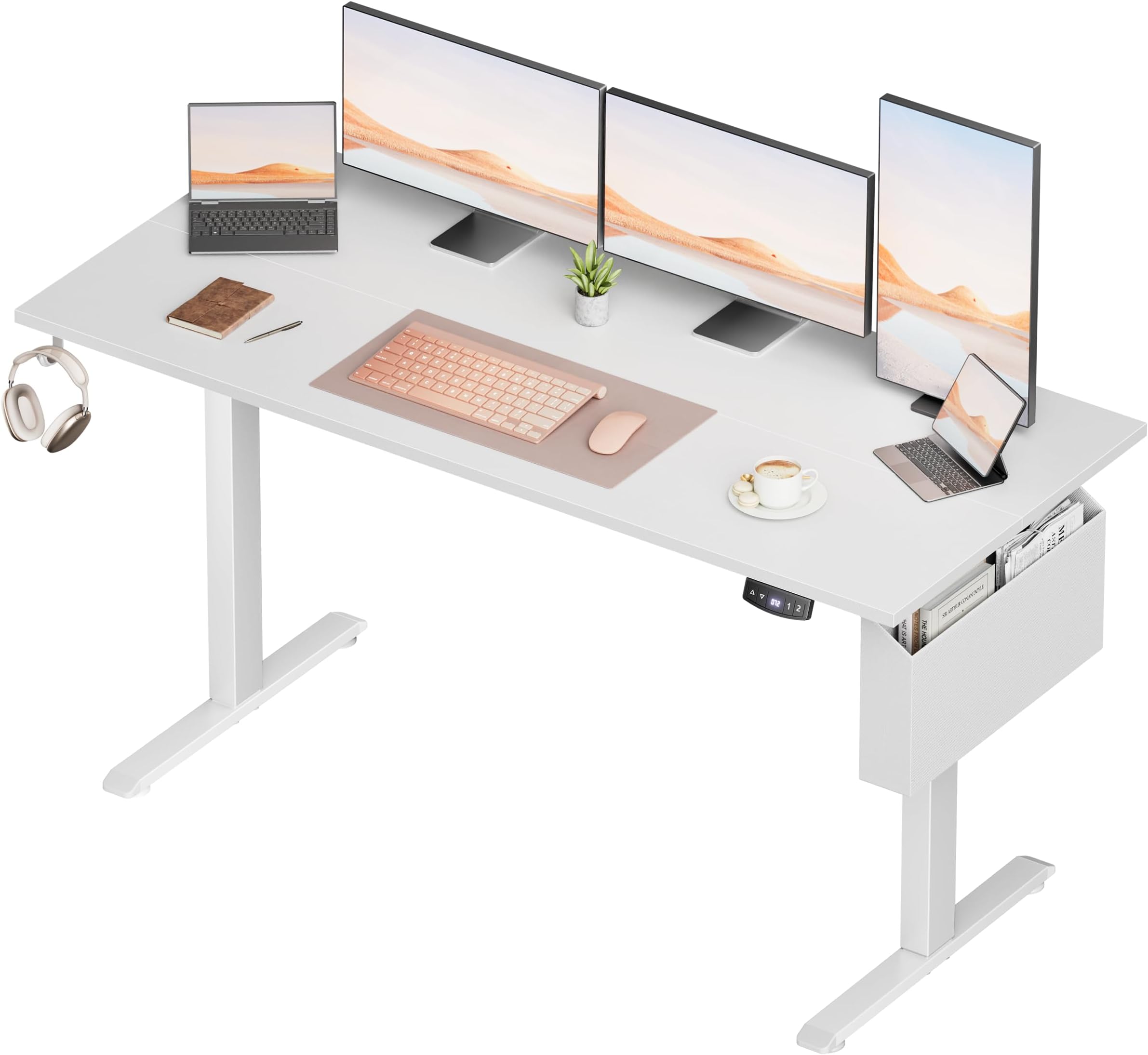 Electric Standing Desk, Sit to Stand Up Computer Desk with Storage Bag, Height Adjustable, Memory Presets for Home Office Gaming Workstations, 63 inch Study Table, White