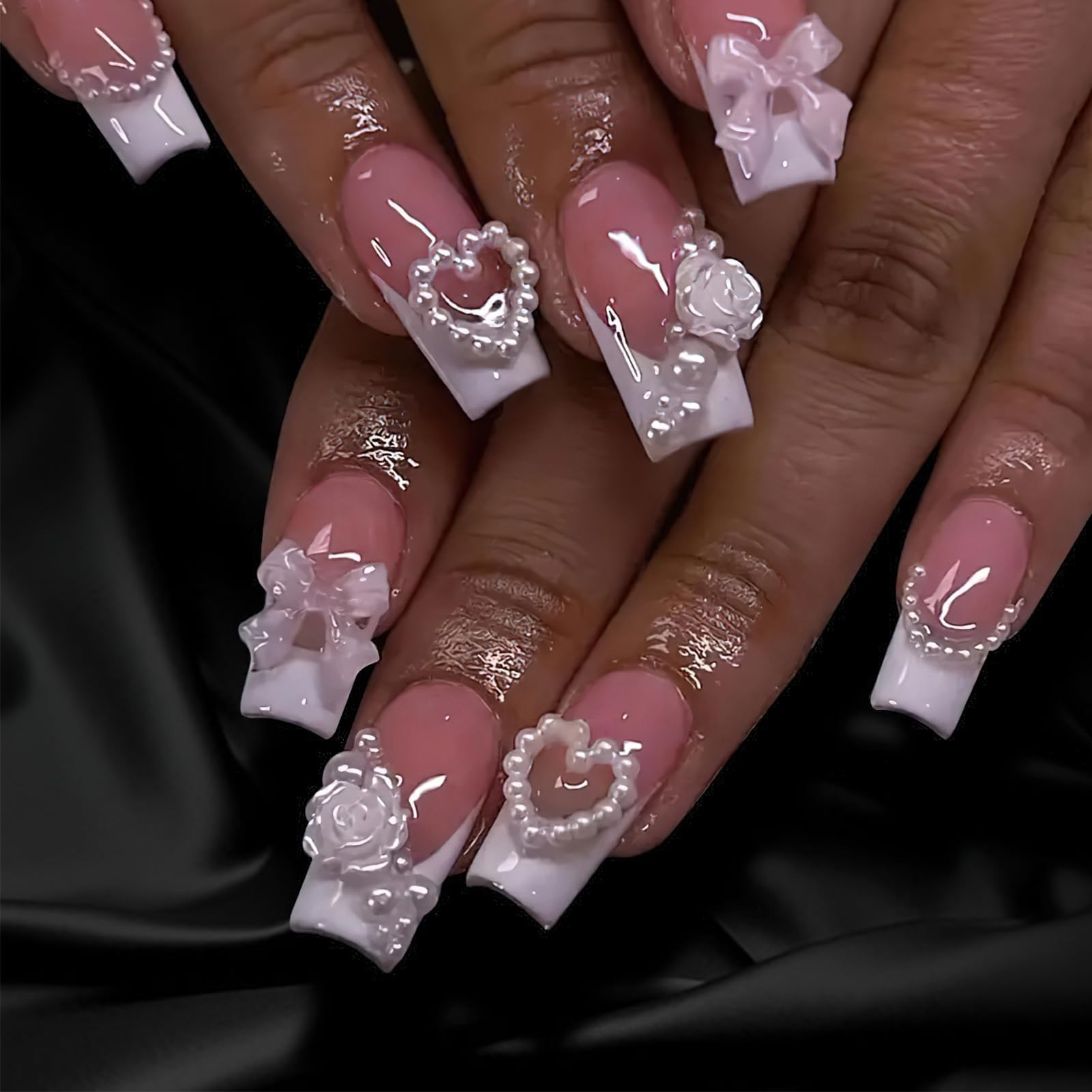 Mkwntg French Tip Press on Nails Medium Square Fake Nails Full Cover Coffin False Nails with 3D Bow Flower Design Glossy White French Tip Stick on