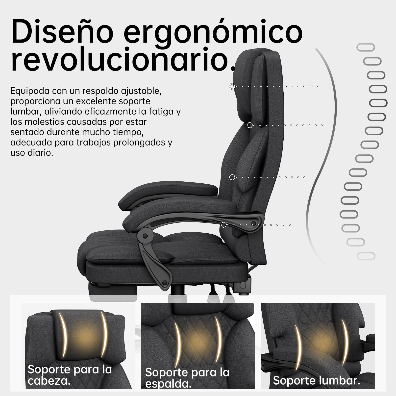 Silla de Oficina Ergonómica con Reposapiés de Tela, Silla Escritorio de Altura Regulable Silla de Escritorio, Silla Oficina para Oficina en Casa con Respaldo Ajustable, Silla Gaming, Gris Oscuro