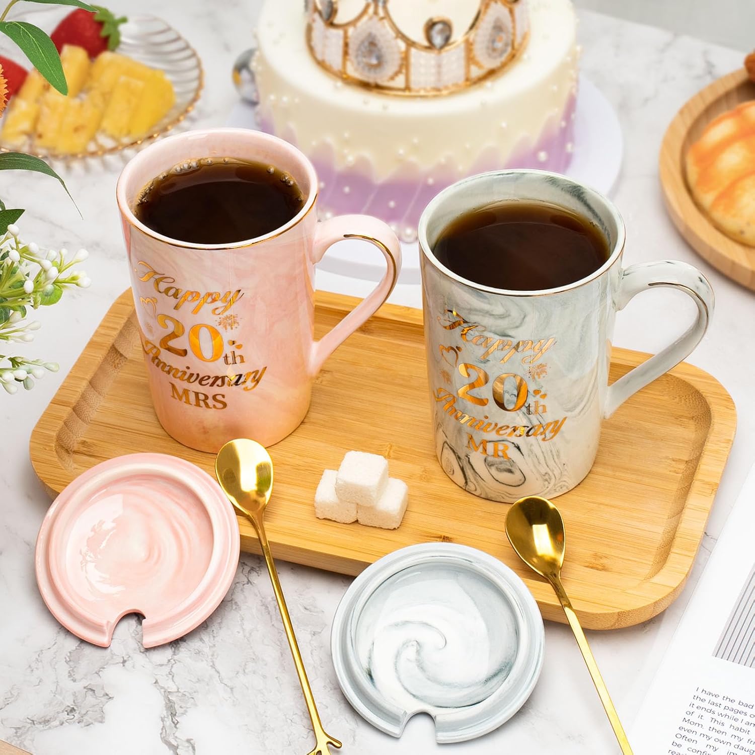 20th Anniversary Wedding Gifts, 2PCS Happy 20th Anniversary Mr Mrs Gifts Marble Ceramic Cups Set 14oz, 20 Year Anniversar-y Coffee Cup Gift-s for Couple, Parents, with Spoon, Card, Giftbox - Image 5