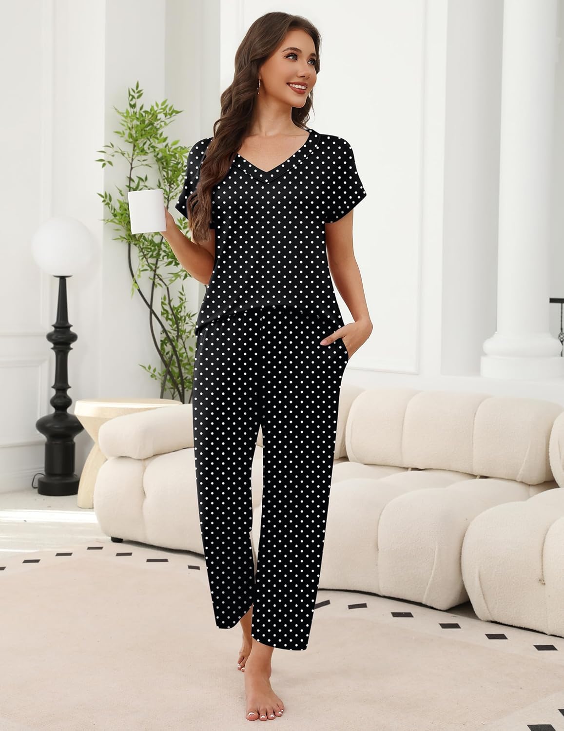 Ekouaer 2 Pack Pajamas for Women Short Sleeve V Neck Pj 2 Piece Lounge Sets S-XXL - Image 3