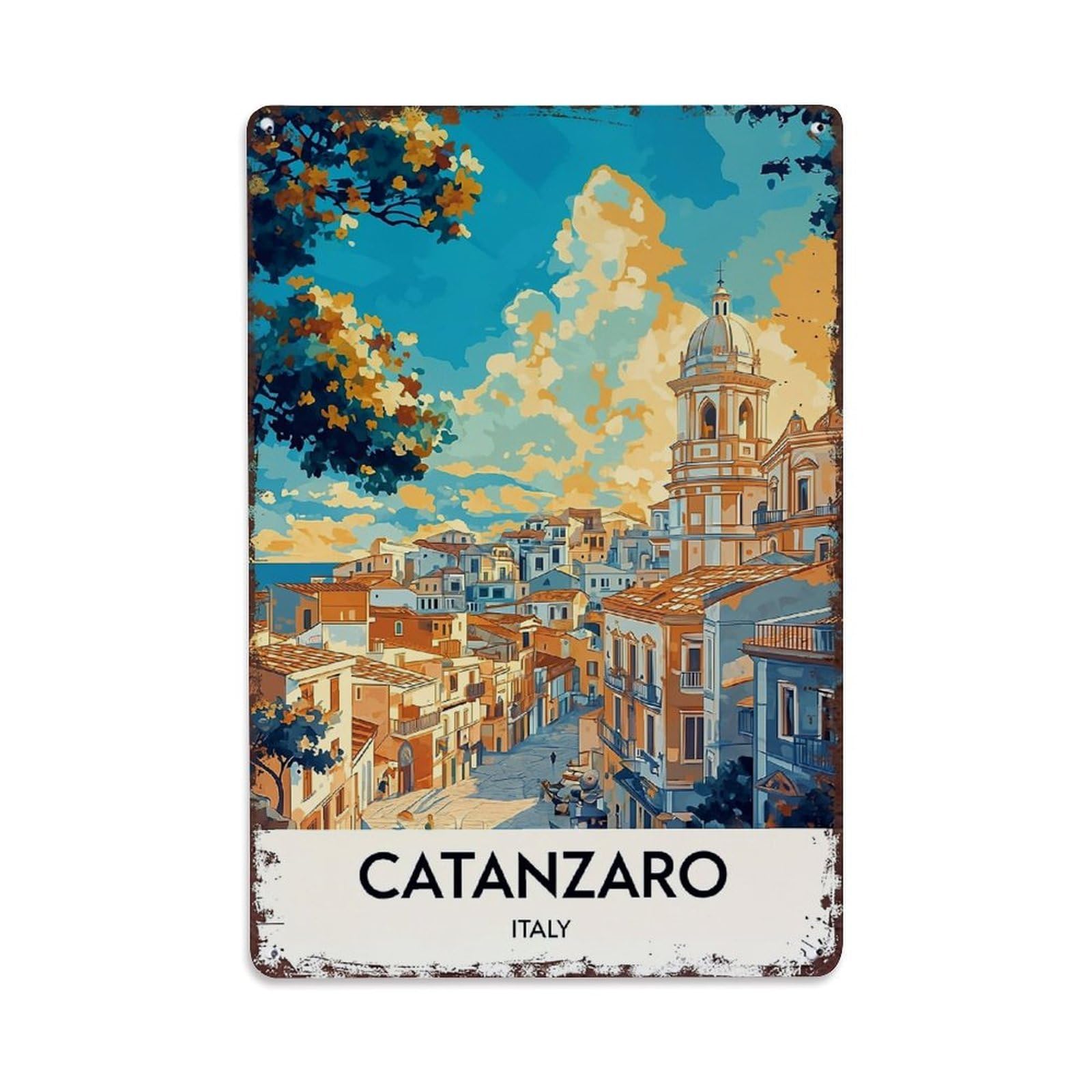 Jdfenggu Vintage Colorful Mediterranean Townscape Artwork Retro Metal Tin Sign, Decor Art Poster For Bar, Home, Man Cave, Kitchen, Laundry Room Gift 8X12inch