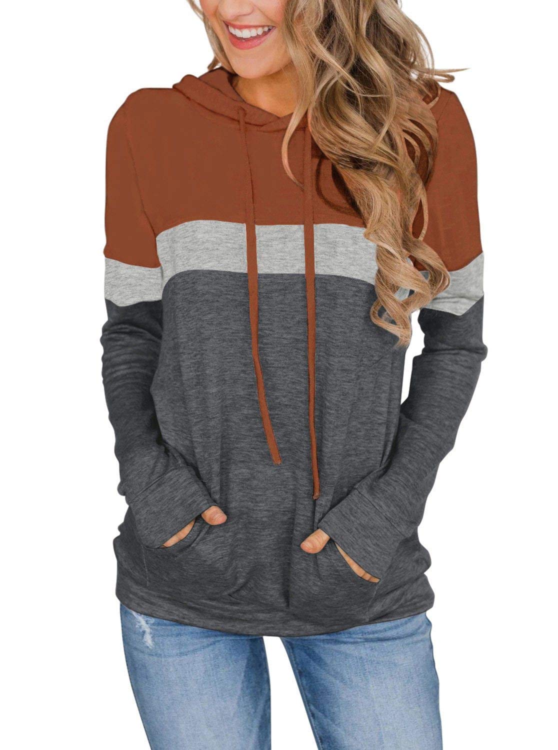 PINKMSTYLEWomen's Casual Color Block Hoodies Tops Long Sleeve Drawstring Pullover Sweatshirts with Pocket(S-XXL)