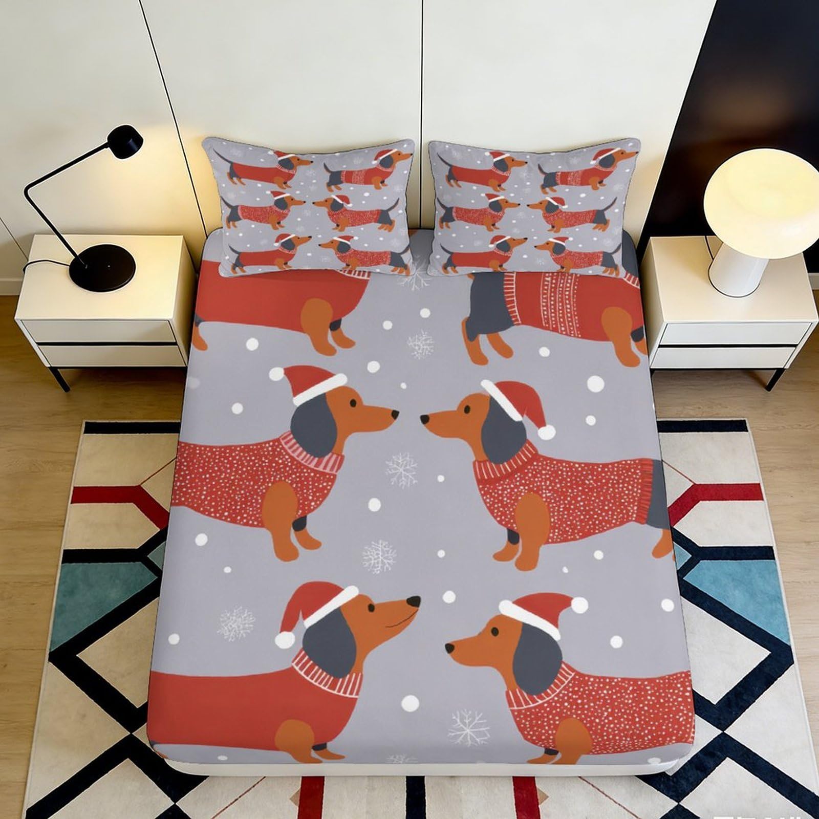 Pnayamiorkfel Style-2 3D Printed Dachshund Christmas Fitted Sheet Microfiber Non-Slip Bed Cover For Bedroom Guest Room Easy Care Decor 90X200x25cm
