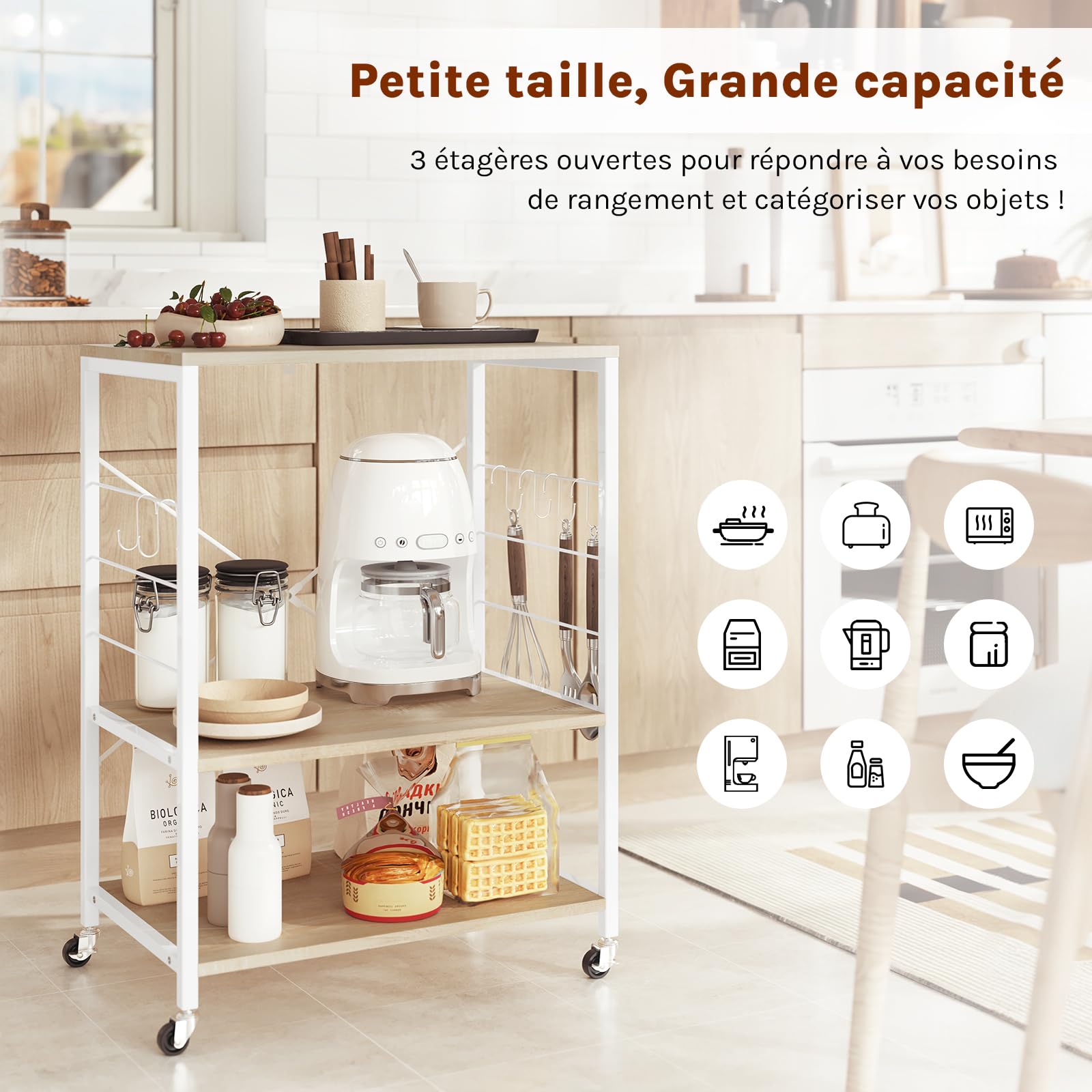 WOLTU Desserte à roulettes à 3 Niveaux, Étagère Cuisine à 4 Crochets, Support Micro-Ondes en Métal, Bois d'Ingénierie, Blanc + Chêne Clair, 60x40x82,5cm