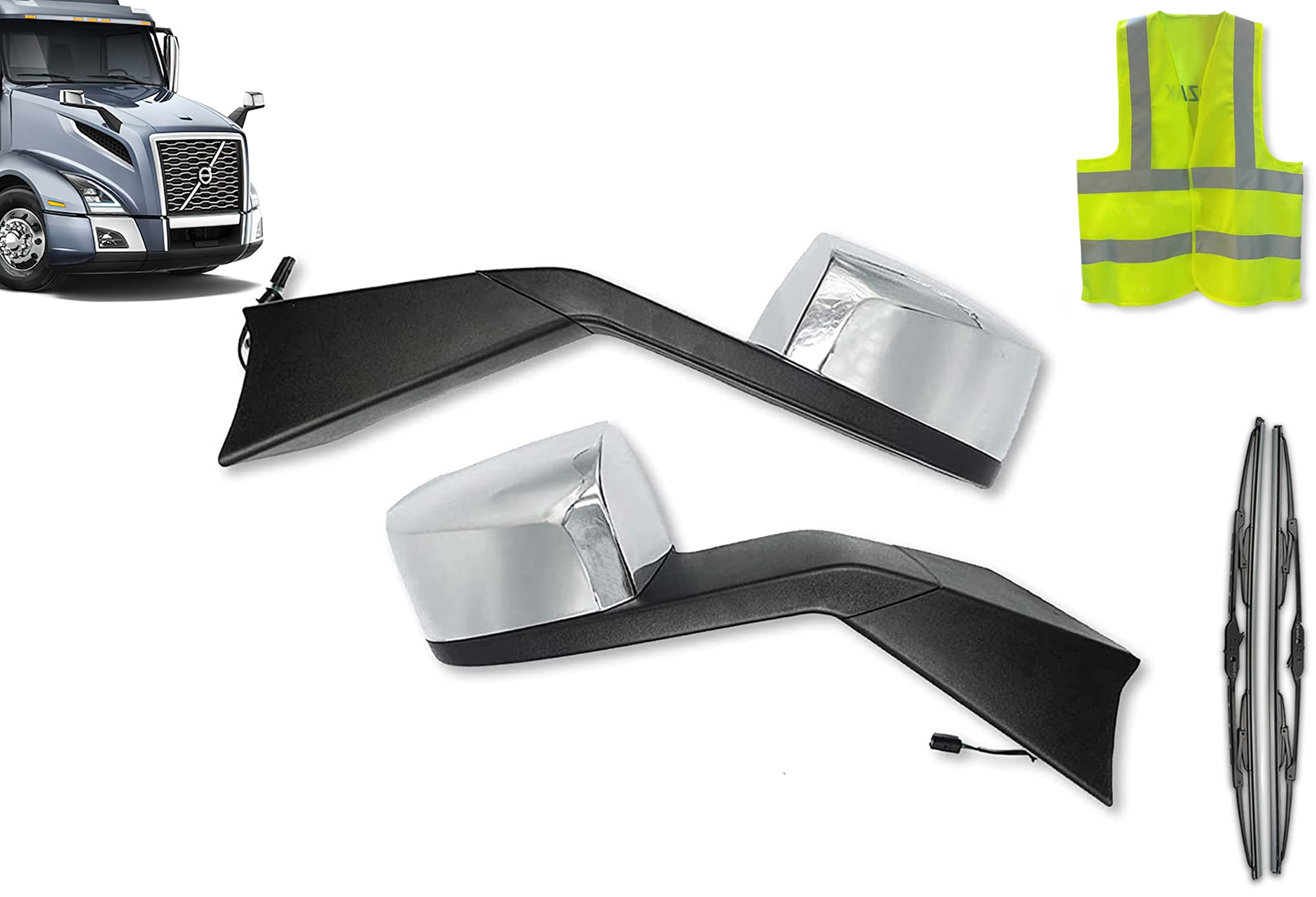 (similar)KOZAK Chrome Hood Heated Mirror Aftermarket Replacement Pair Right and Left Side compatible with Volvo VNL 2018+ Semi Trucks PLUS Volvo Logo, 2x Wipers and KOZAK Reflective Vest