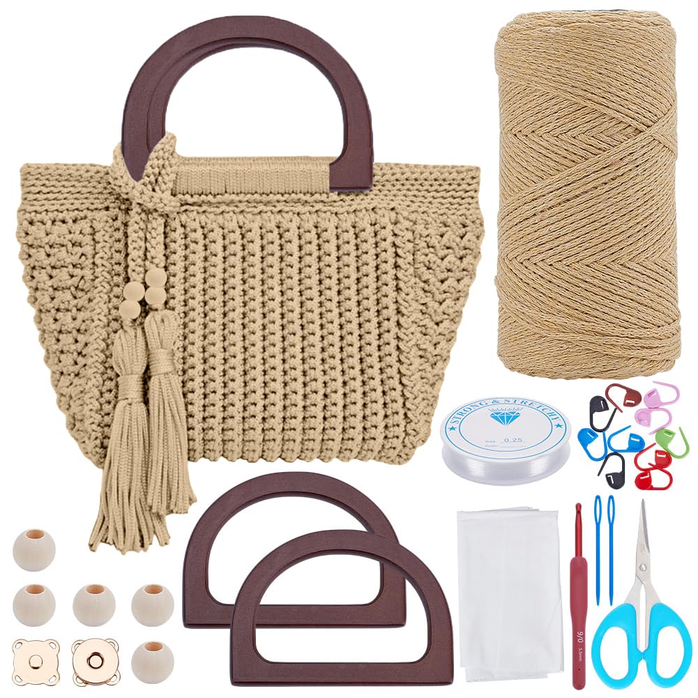 INFUNLY DIY Crochet Bag Kit for Beginners Adults Khaki Bag Crochet Set with Step-by-Step Video Tutorials Tote Bag Crochet Starter Kit with Tassels Handle Crochet Handbag Kit for Women DIY Kit Gift