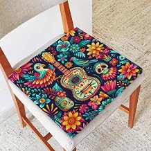 Colorful Mexican Guitar Flower Seat Cushion Comfort Square Chair Cushion Non-Slip Memory Foam Chair Pads Washable Seat Pad for Dinning Kitchen Office Patio Outdoor Chair Cushions, 16"x16"