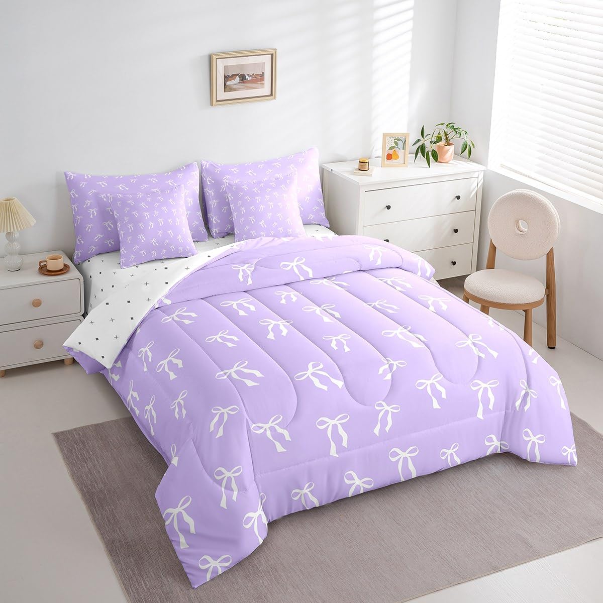Erosebridal 7 Piece Kawaii Bow Knot Bedding Sets White Coquette Bow Comforter Set Full Purple Princess Bed in a Bag Modern Watercolor Aesthetic Bedding Set with Comforter Simple Bow Tie Decor
