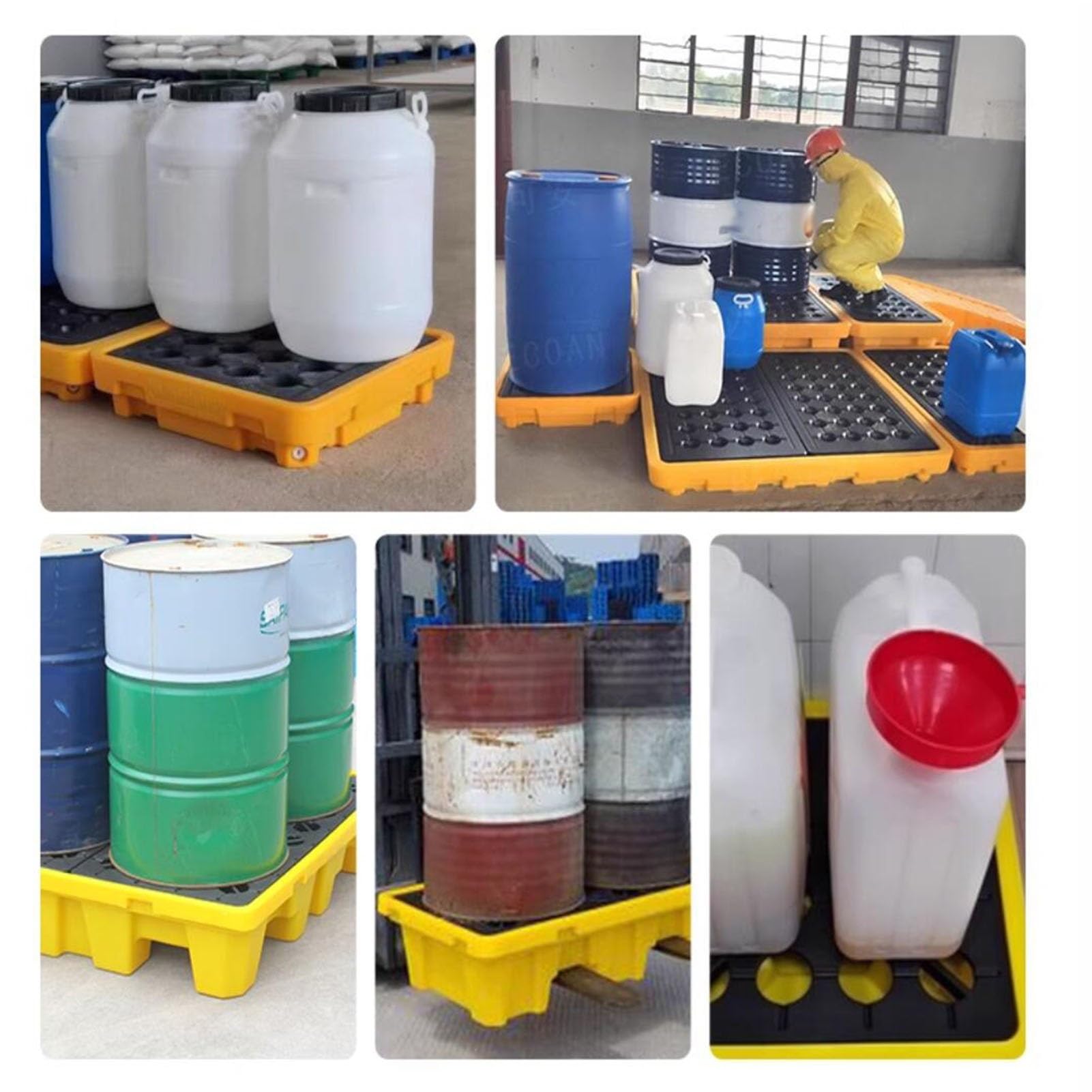 Bac de rétention des déversements empilable pour fûts - Plateforme de stockage de produits chimiques étanche, idéale pour la gestion des déchets, noir et jaune, 66 x 66 x 15 cm - Solution sû