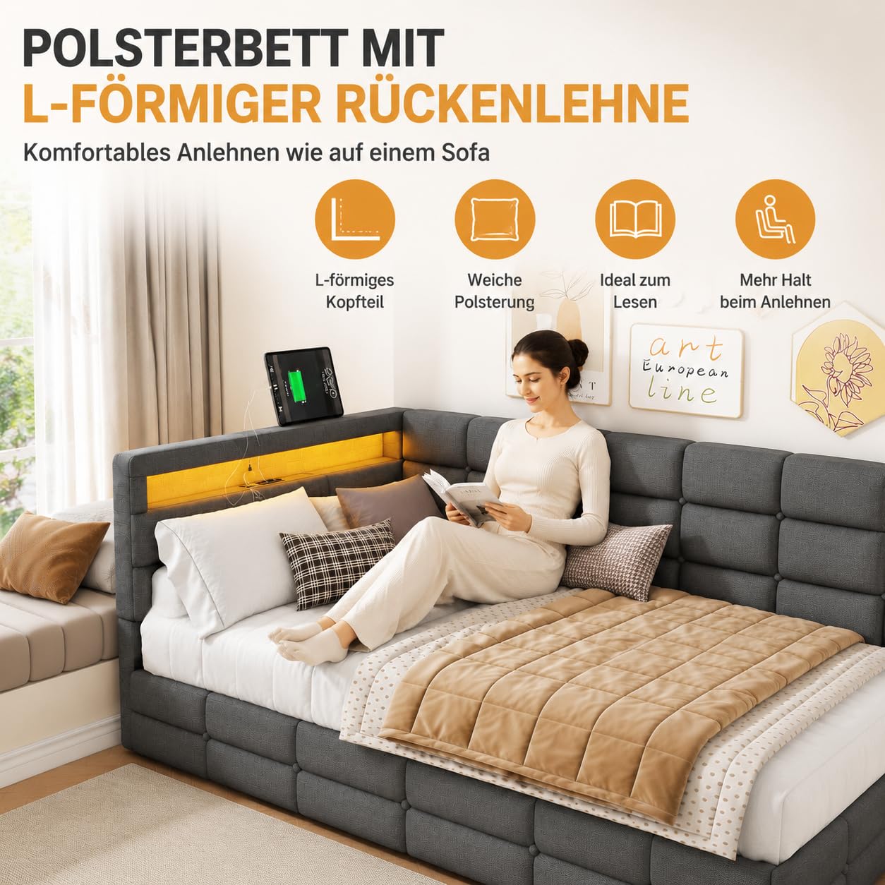 Polsterbett Schlafsofa 90x200 mit LED, Polsterbett Tagesbett Einzelbett, Jugendbett 90x200 mit 2 Schubladen und Stauraum, Jugendbett Tagesbett mit USB, Gästebett, Ohne Matratze, Grau
