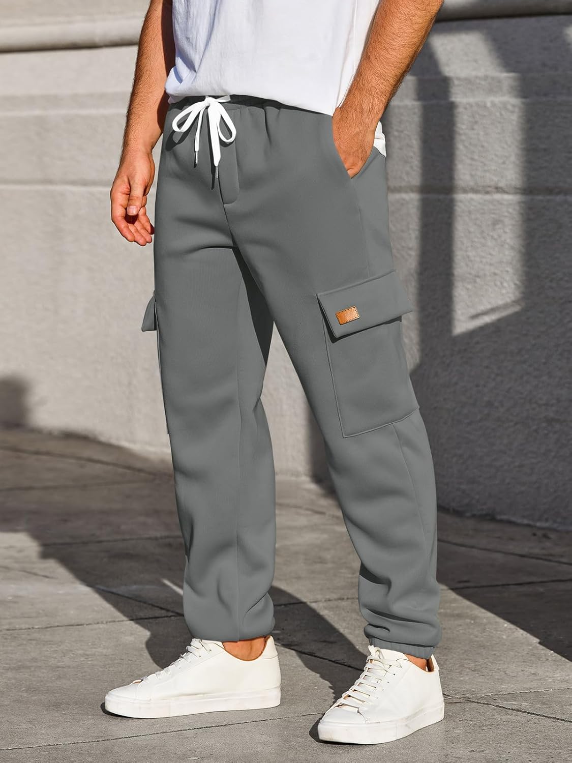 Yousify Mens Fleece Cargo Pants Casual Jogger Elastic Waist Drawstring Hiking Pants Track Sweatpants with Multi Pockets - Image 3