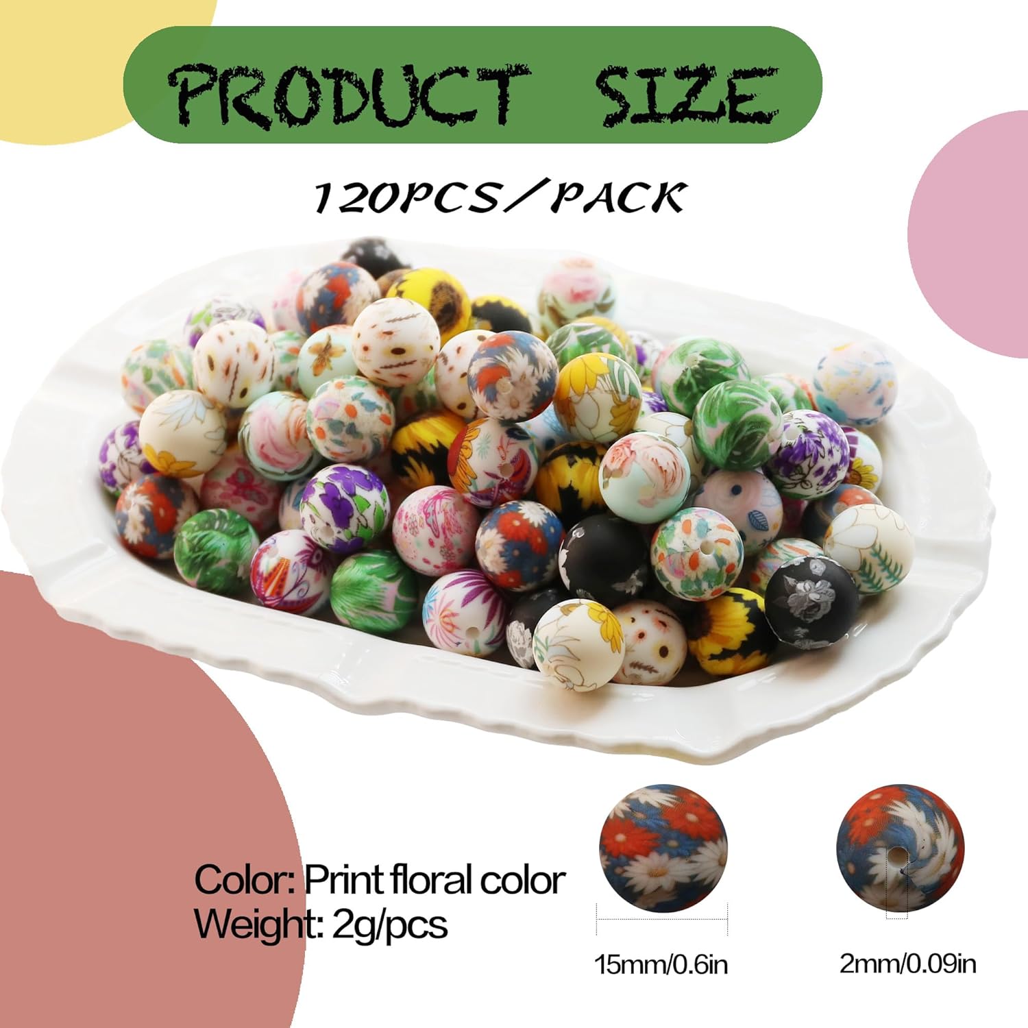 120pcs Richbunnys 15mm Bulk Silicone Beads for Pens and Keychain Making,Large Bead for Necklace and Bracelets Making,Assorted Rubber Beads Set(Print Floral) - Image 2