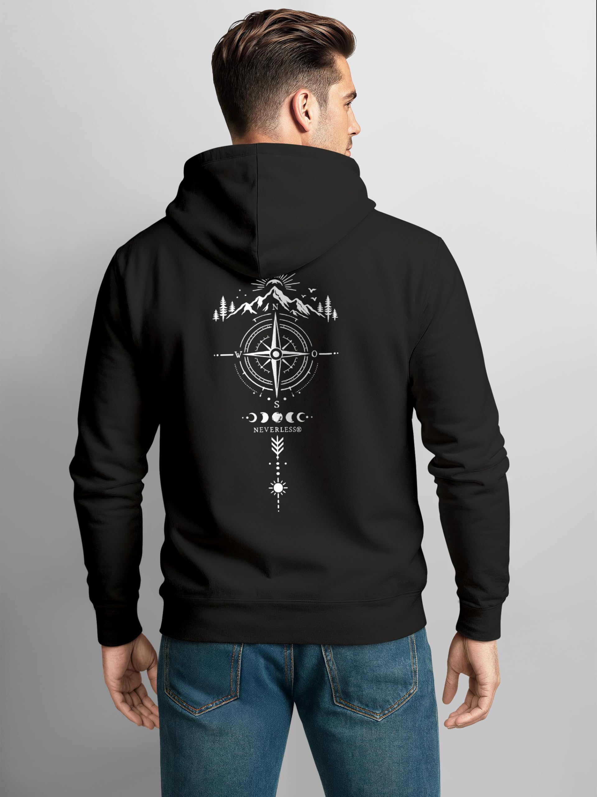 Neverless® Herren Hoodie Kompass Design Rückenaufdruck Outdoor Symbole Kapuzen-Pullover Männer Fashion Streetstyle