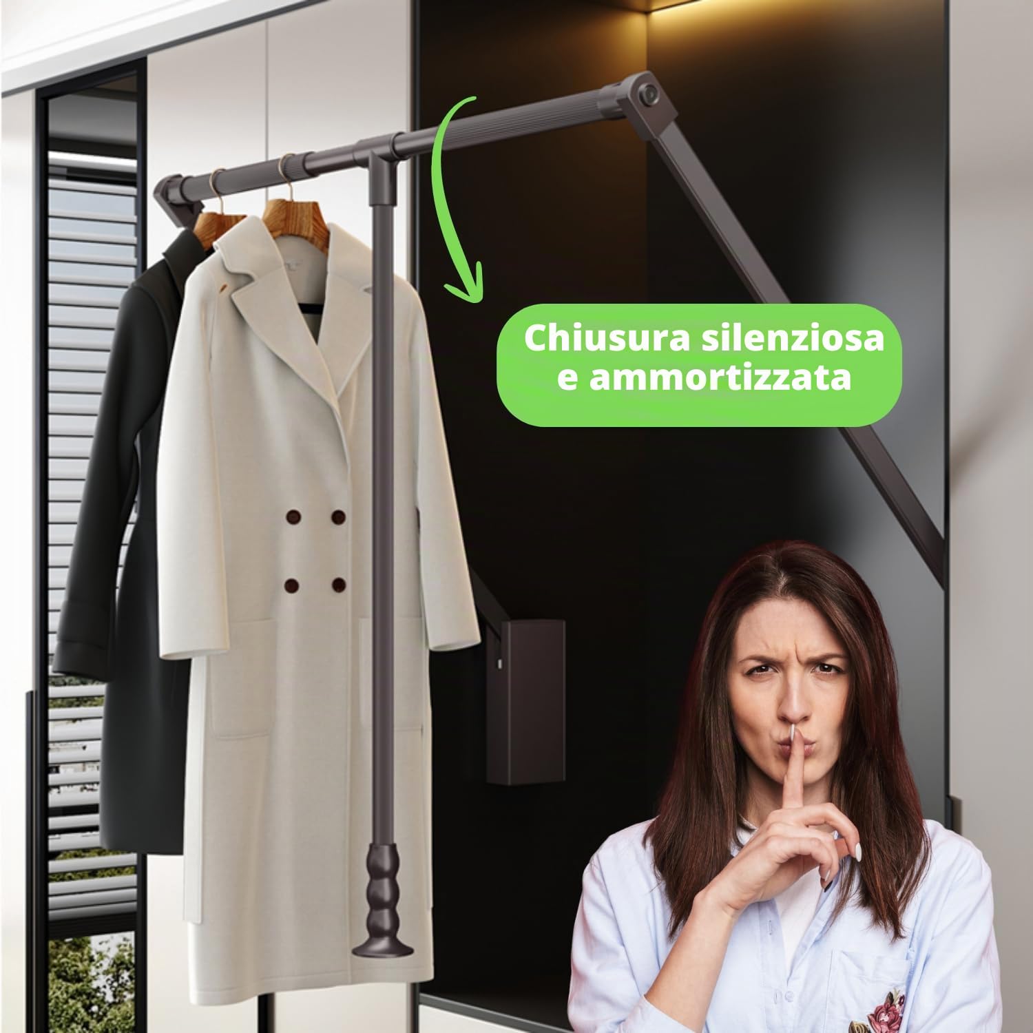 Appendiabiti EVOHANGER Saliscendi per Armadio – Servetto Organizzatore Guardaroba ad Alta Portata 15 kg con Tecnologia Oleodinamica e Movimento Facilitato (Bianco, Grande)
