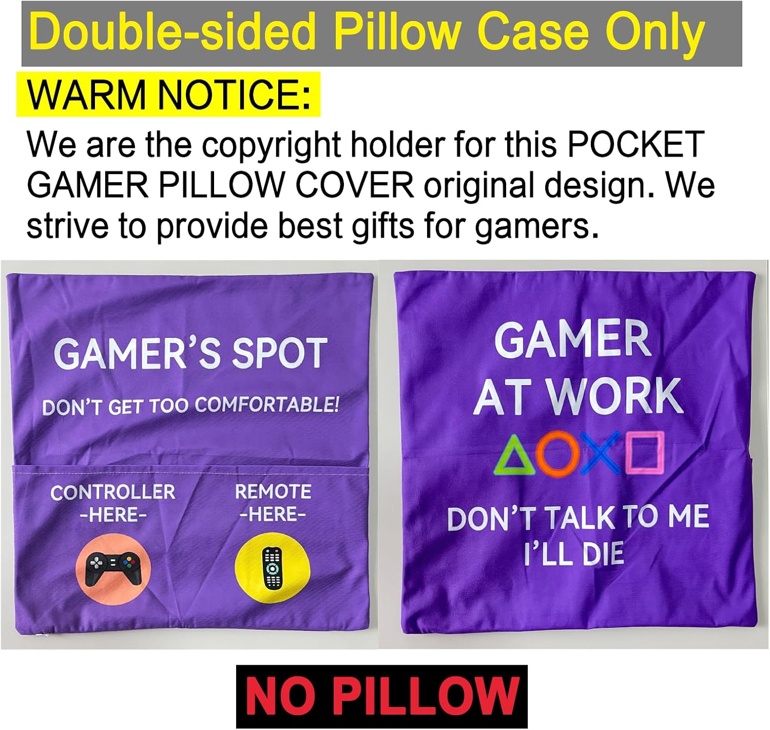 ZUYUROU Gamer Gifts, Pocket Design Throw Pillow Covers 18 x 18 Inch, Gaming Room Décor Stocking Stuffers Easter Basket Stuffers for Teen Boys Girls Men Father Boyfriends-Purple image 2