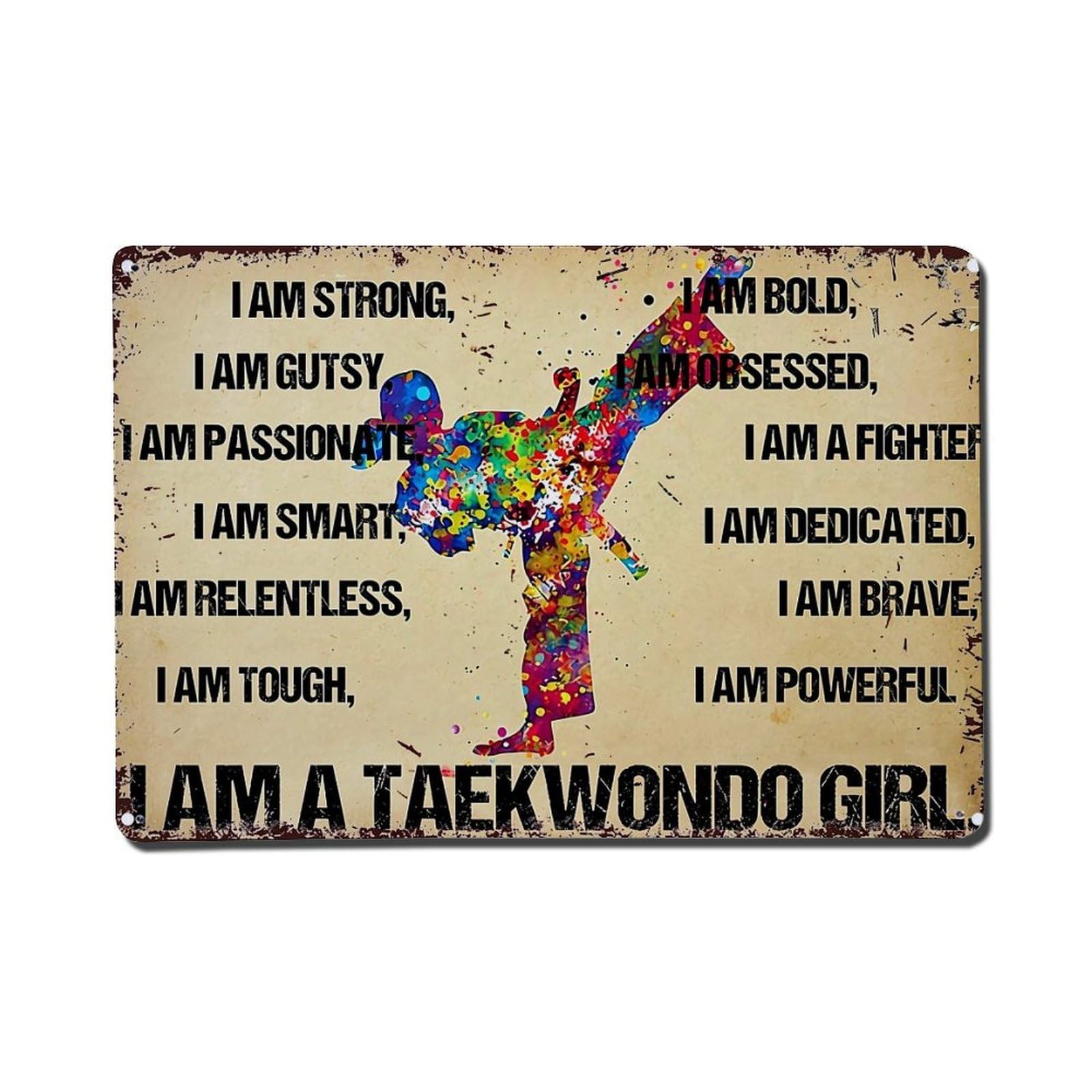 Colorful Taekwondo Silhouette Motivational Text Retro Metal Tin Sign, Vintage Decor Art Poster for Bar, Home, Man Cave, Kitchen, Laundry Room Gift 8x12Inch