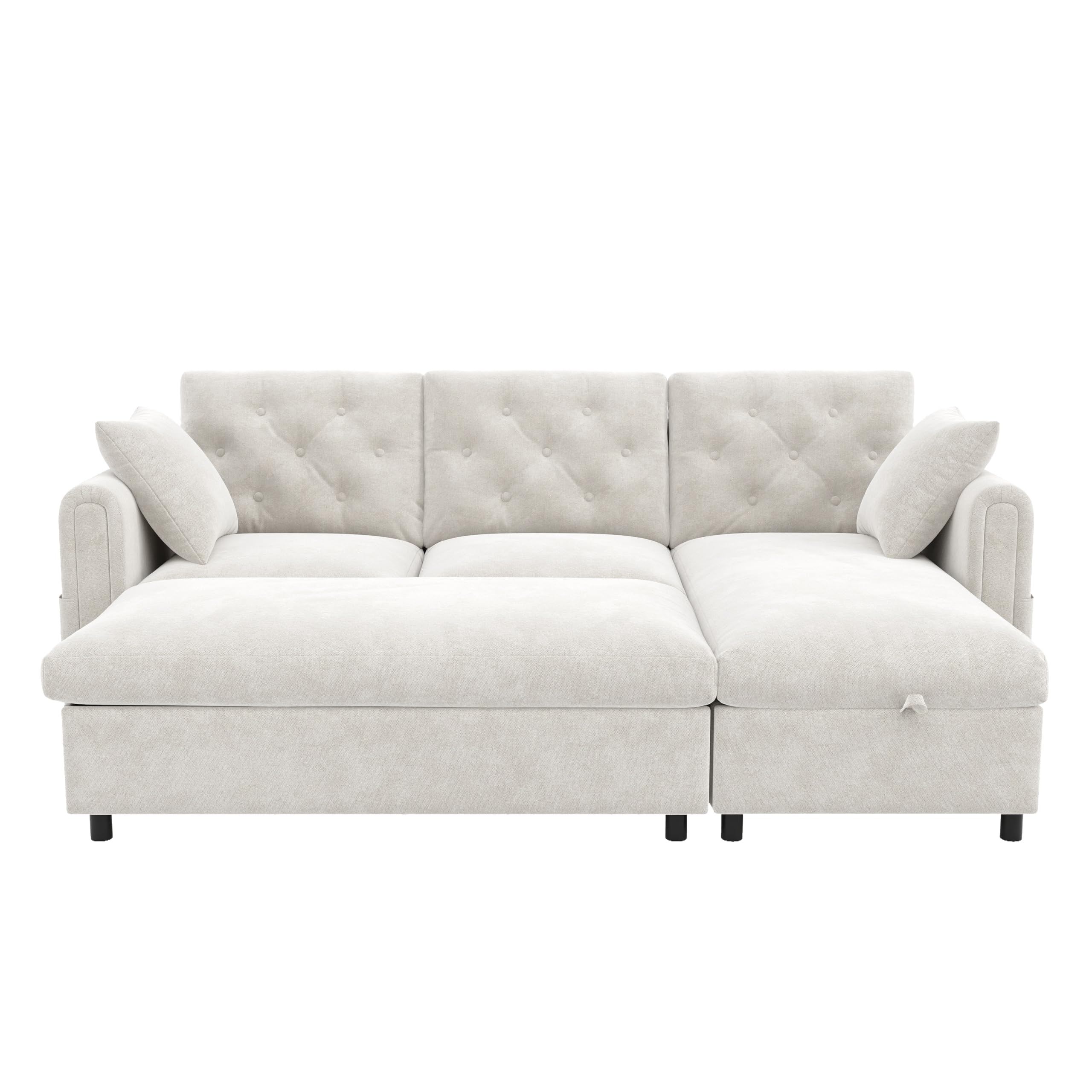 Moimhear Sofá de terciopelo con chaise longue intercambiable, color beige, 219 x 131 x 86 cm, reposapiés, bolsillos para revistas, cierre con botones