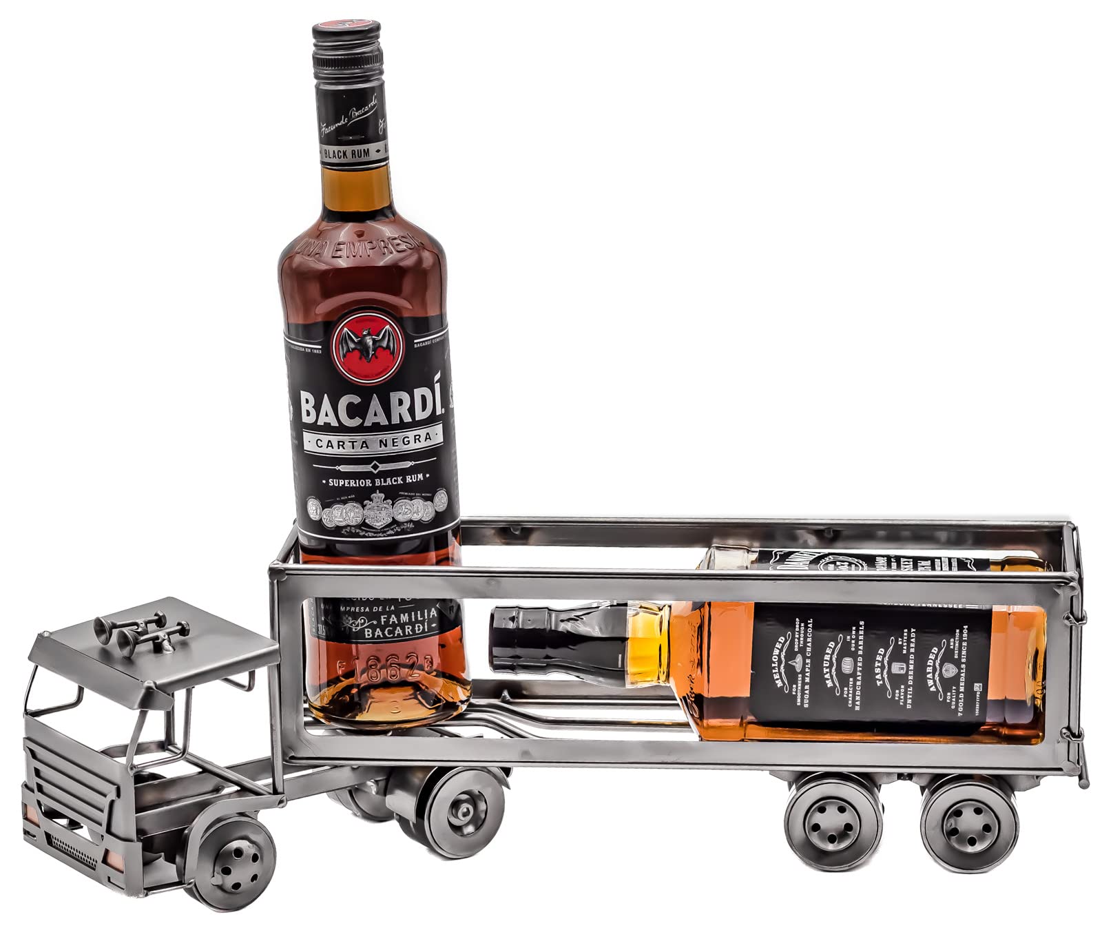 STEEMO Schraubenmännchen Weinflaschenhalter LKW – Handgefertigter Lastwagen aus Stahl, originelle Geschenkidee für Trucker und Weinfreunde, dekorative Hausbar-Deko, 46x10,5x15 cm