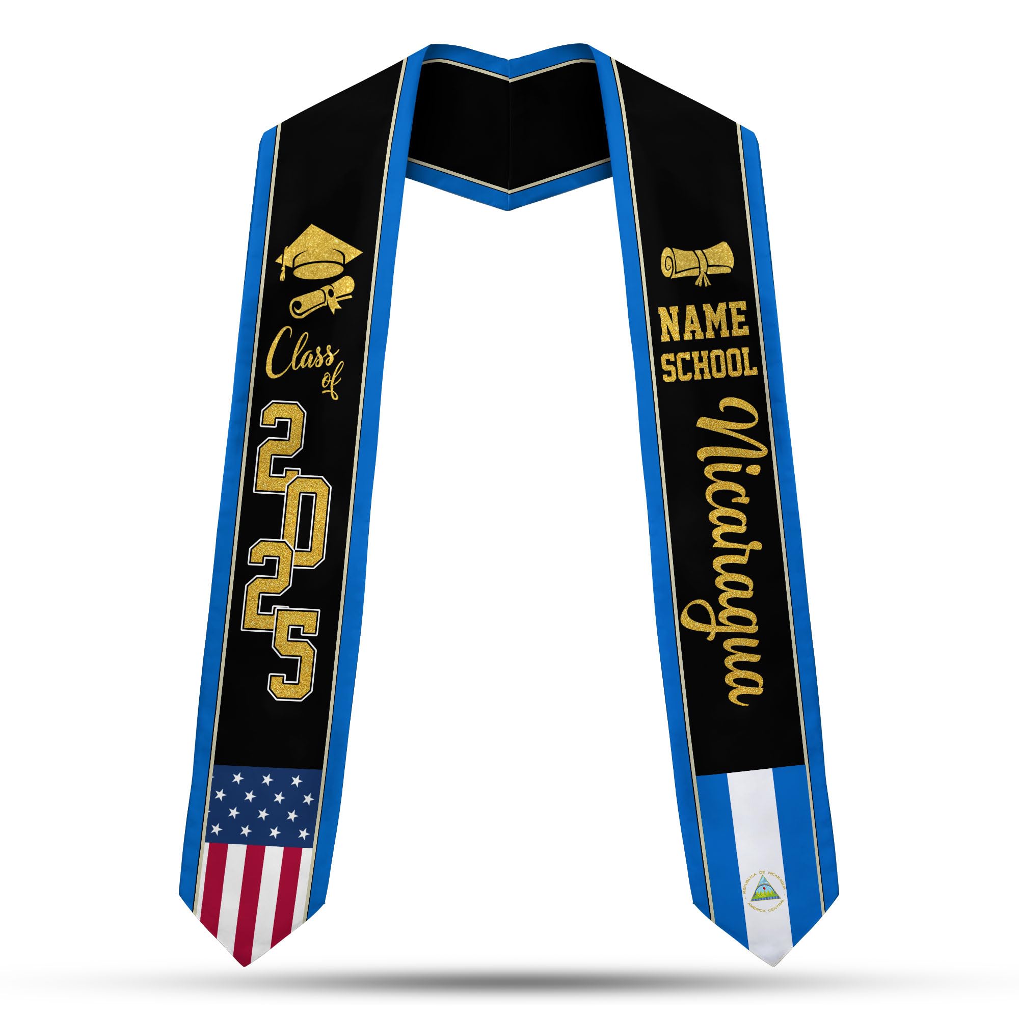 MonkeyVan Personalized Nicaragua Graduation Stole,Custom Nicaraguan Flag Graduation Sash,Nicaragua Stole Class of 2025 Sash S3
