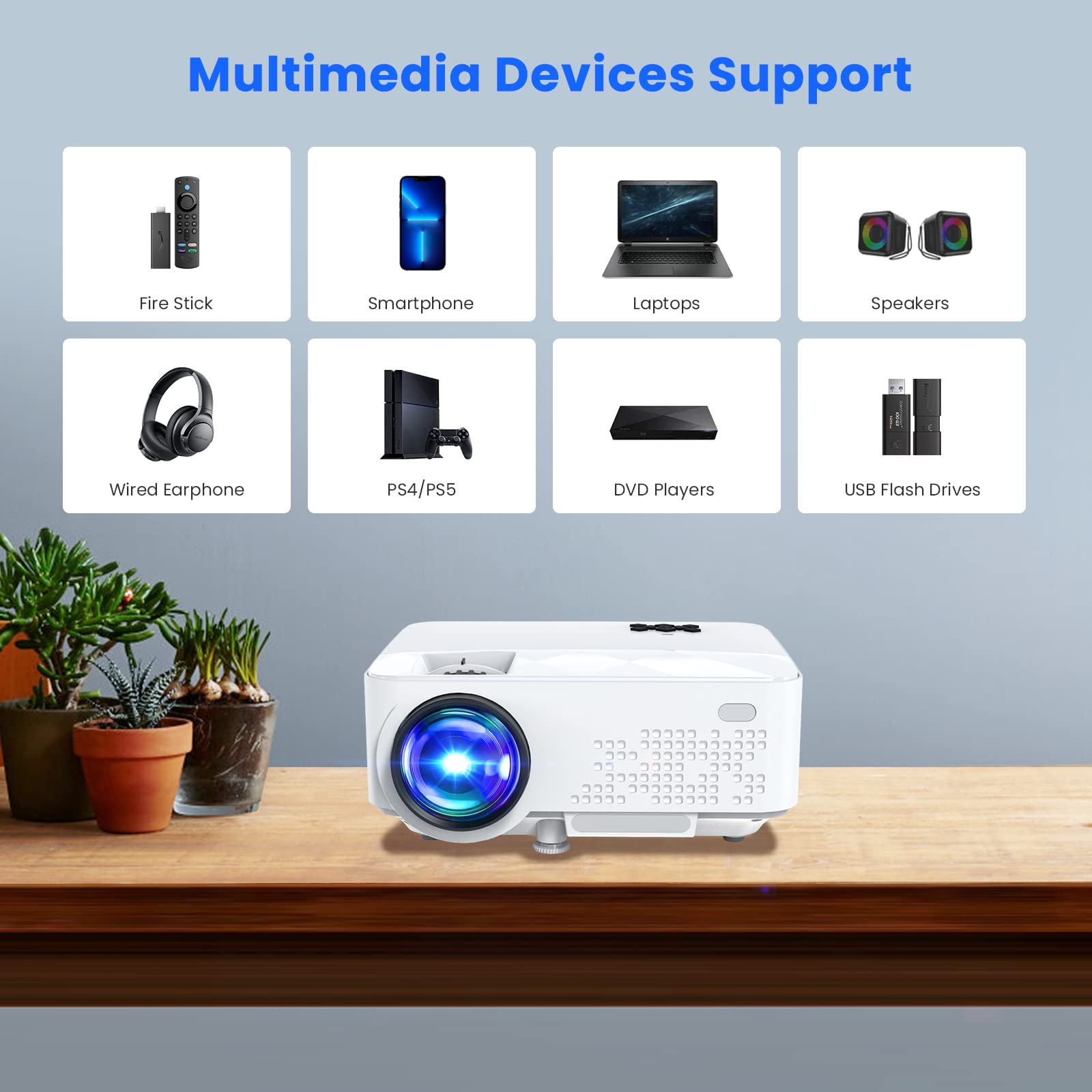 HOPVISION Mini vidéoprojecteur - 7500 lumens, 1080p Full HD, LCD, Home cinéma, extérieur, USB & HDMI, Portable, écran 240", Lampe de 60 000 h