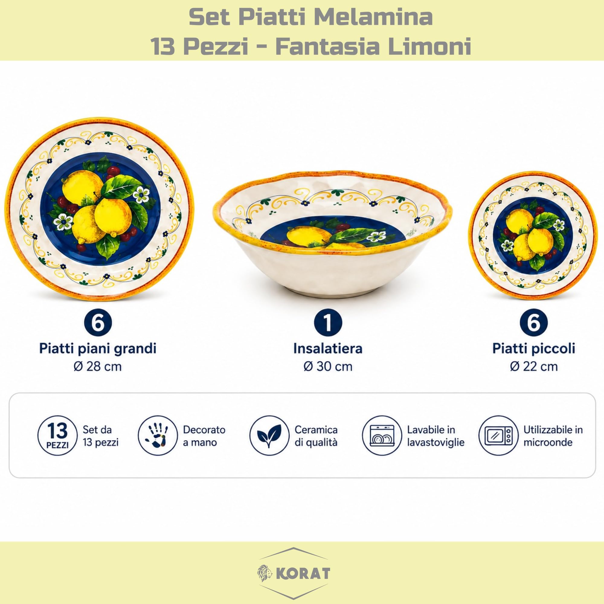 KORAT - Set Piatti in Melamina 13 Pezzi Fantasia Limoni Mediterranei, Servizio Tavola per 6 Persone con 6 Piatti Piani 28 cm, 6 Piatti Dessert 22 cm e Insalatiera 30 cm, Leggeri e Resistenti