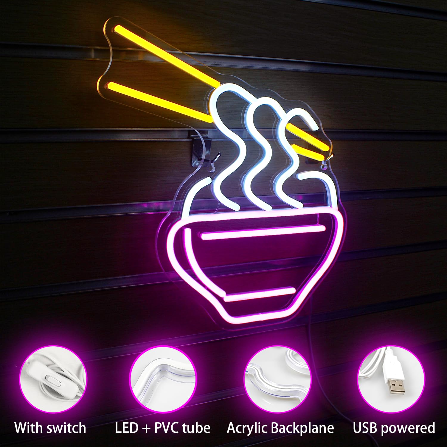 Horseneon Ramen neonowy szyld, różowy kreskówkowy makaron LED, neonowy szyld makaron świecący reklamowy na ścianę, kolorowe neonowe światło do makaronu, restauracji, pubu, domu, klubu, tabliczki