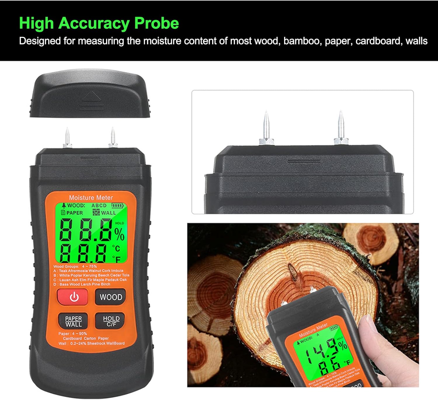 Digital Wood Hygrometer,Needle Type Leakage Detector,Intelligent Temperature and Humidity Measurement,Used for Wood, Walls, Gypsum Boards