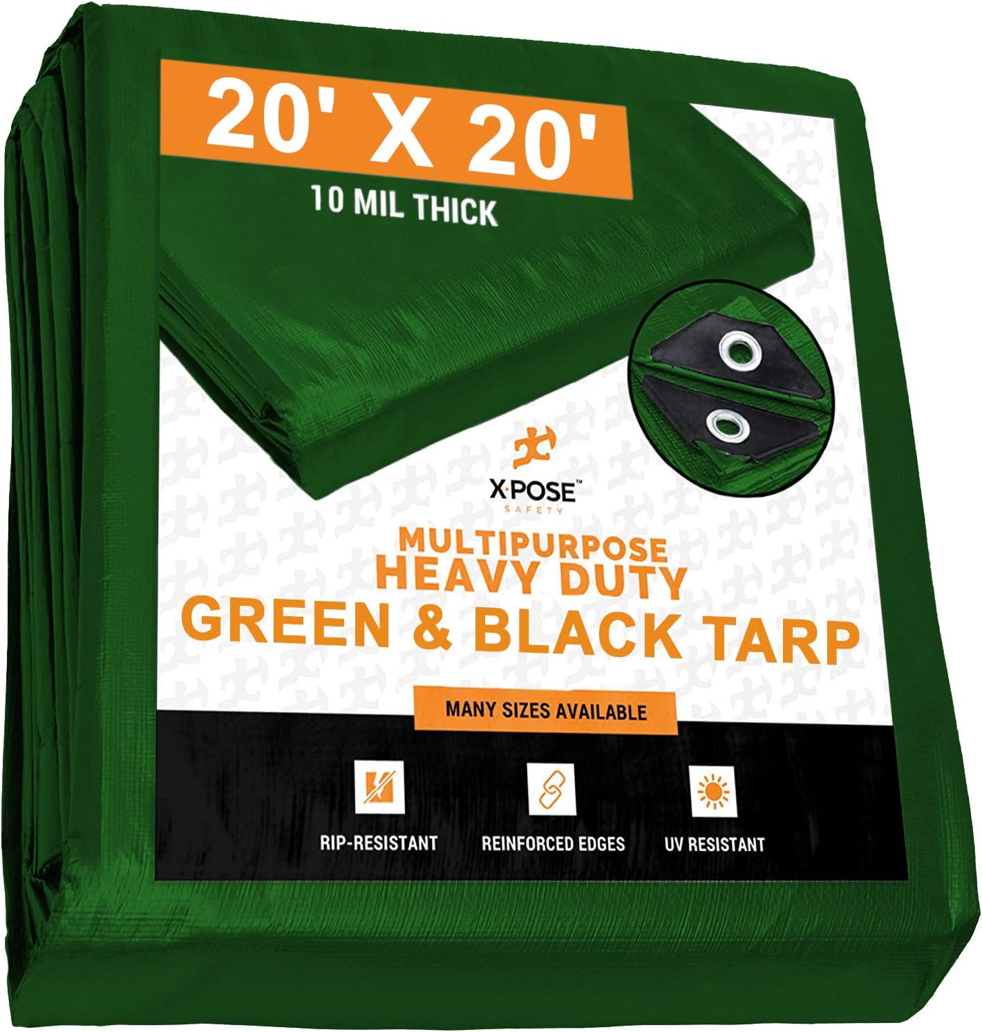 Bеѕt Prоmо Heavy Duty Poly Tarp 20 Feet x 20 Feet 10 Mil Thick Waterproof, UV Blocking Protective Cover - Reversible Green and Black - Laminated Coating - Grommets - by Xpose Safety