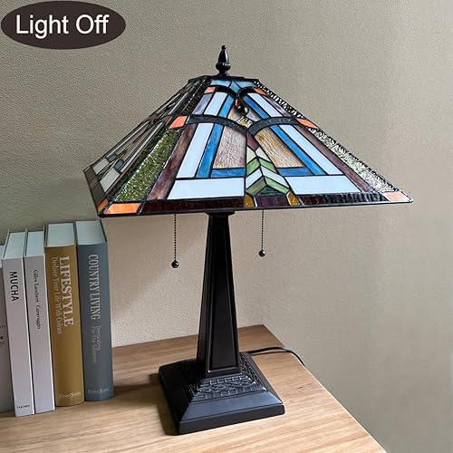 Miniatura 9 de COTOSS Tiffany - Lámparas de mesa estilo misión 16 pulgadas de ancho lámpara de escritorio de vitral para lectura mesita de noche antigua luz de