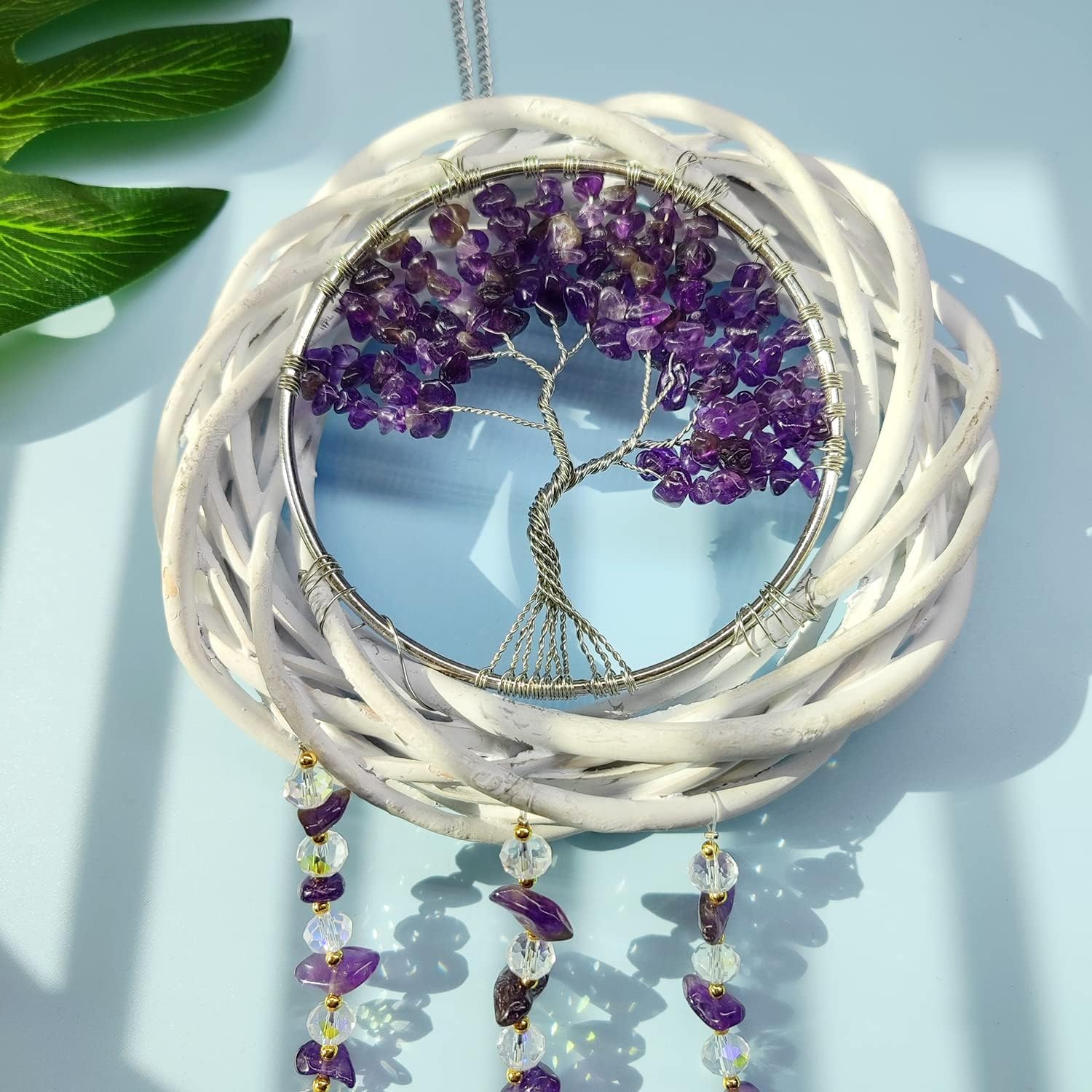 Amethyst Tree of Life Crystal Wind Chime, Handmade Natural Crystal Agate Slices Windchimes for Ornament Wall Hanging Ornament Home Window Garden Decoration Gifts